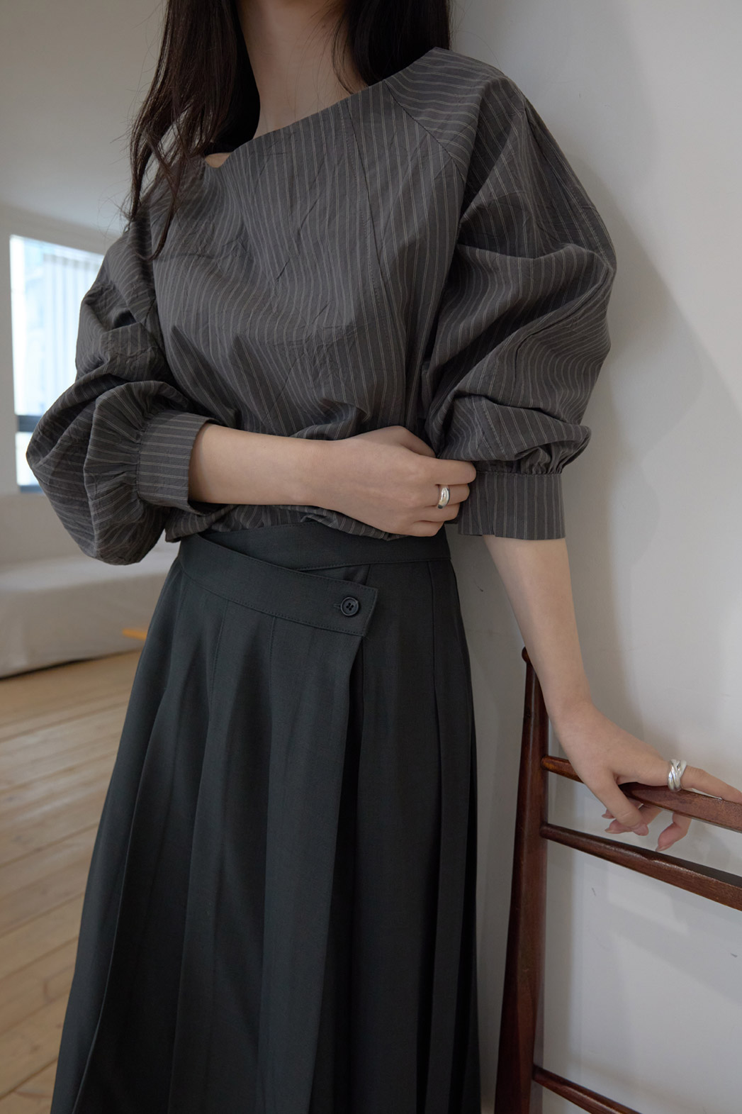 コットンボートネックオフショルダーベーシックストライプブラウス春秋 | 詳細画像10