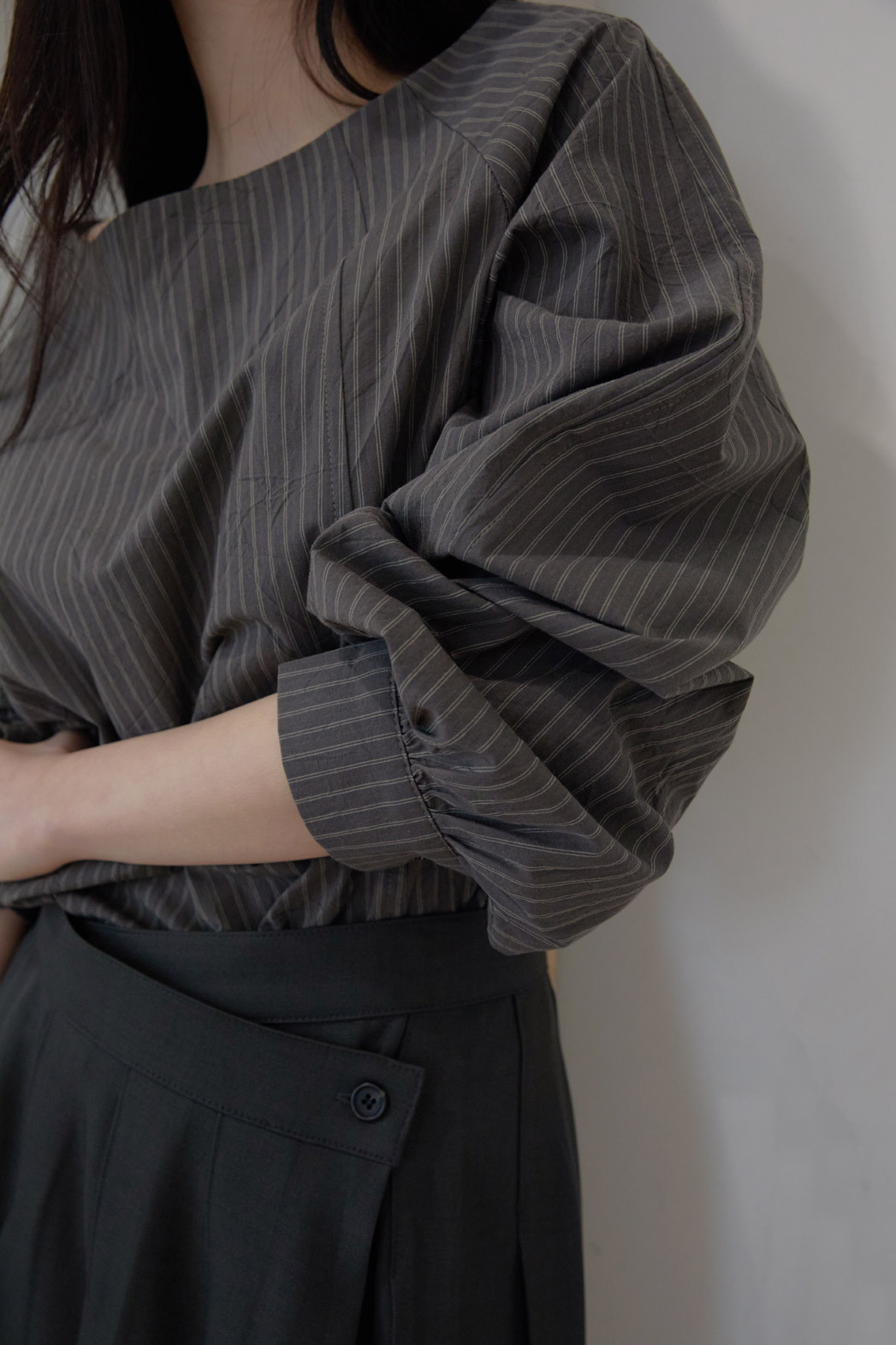 コットンボートネックオフショルダーベーシックストライプブラウス春秋 | 詳細画像11