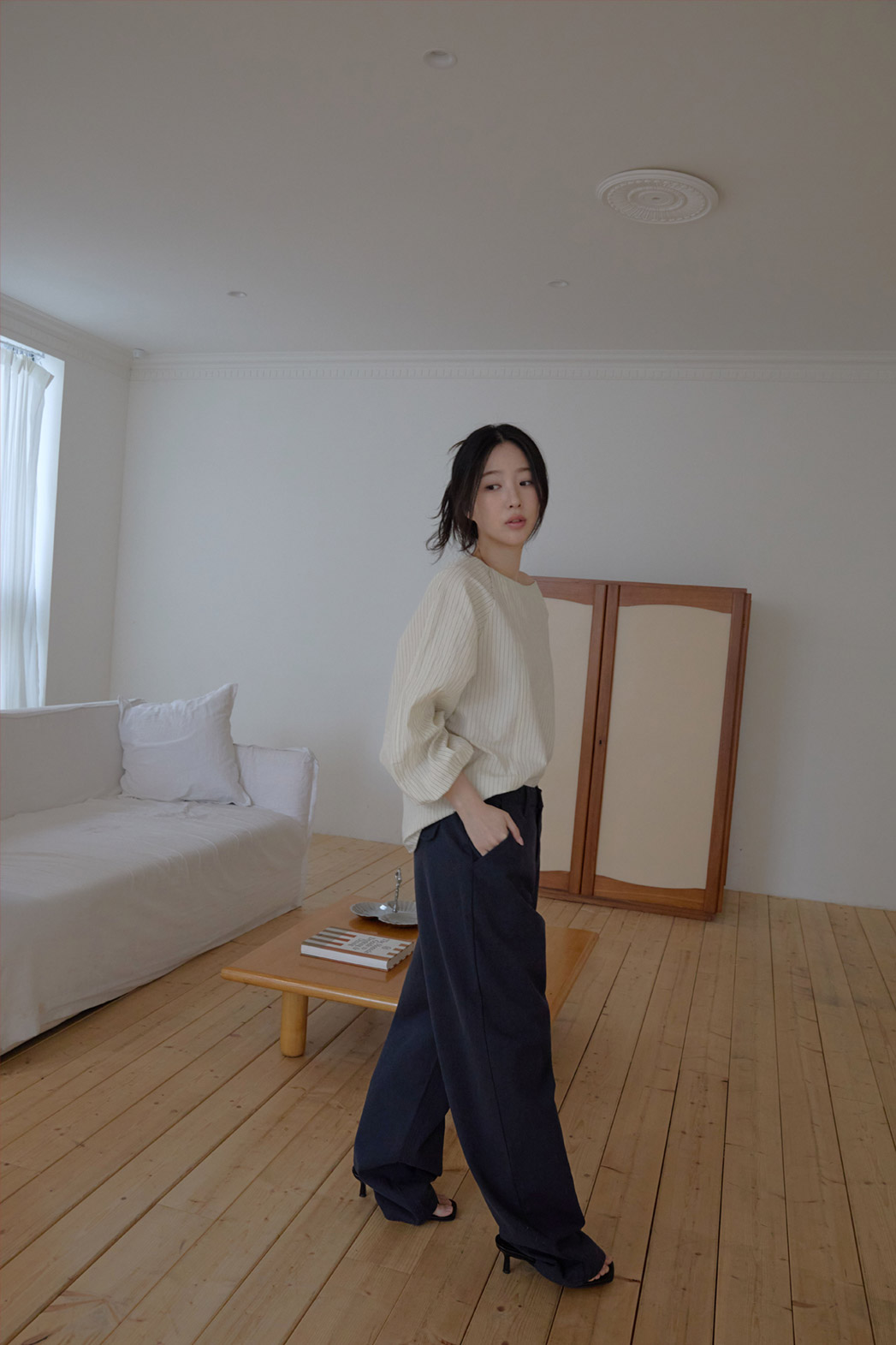 コットンボートネックオフショルダーベーシックストライプブラウス春秋 | 詳細画像14