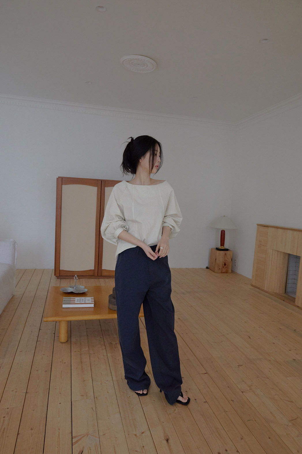 コットンボートネックオフショルダーベーシックストライプブラウス春秋 | 詳細画像15