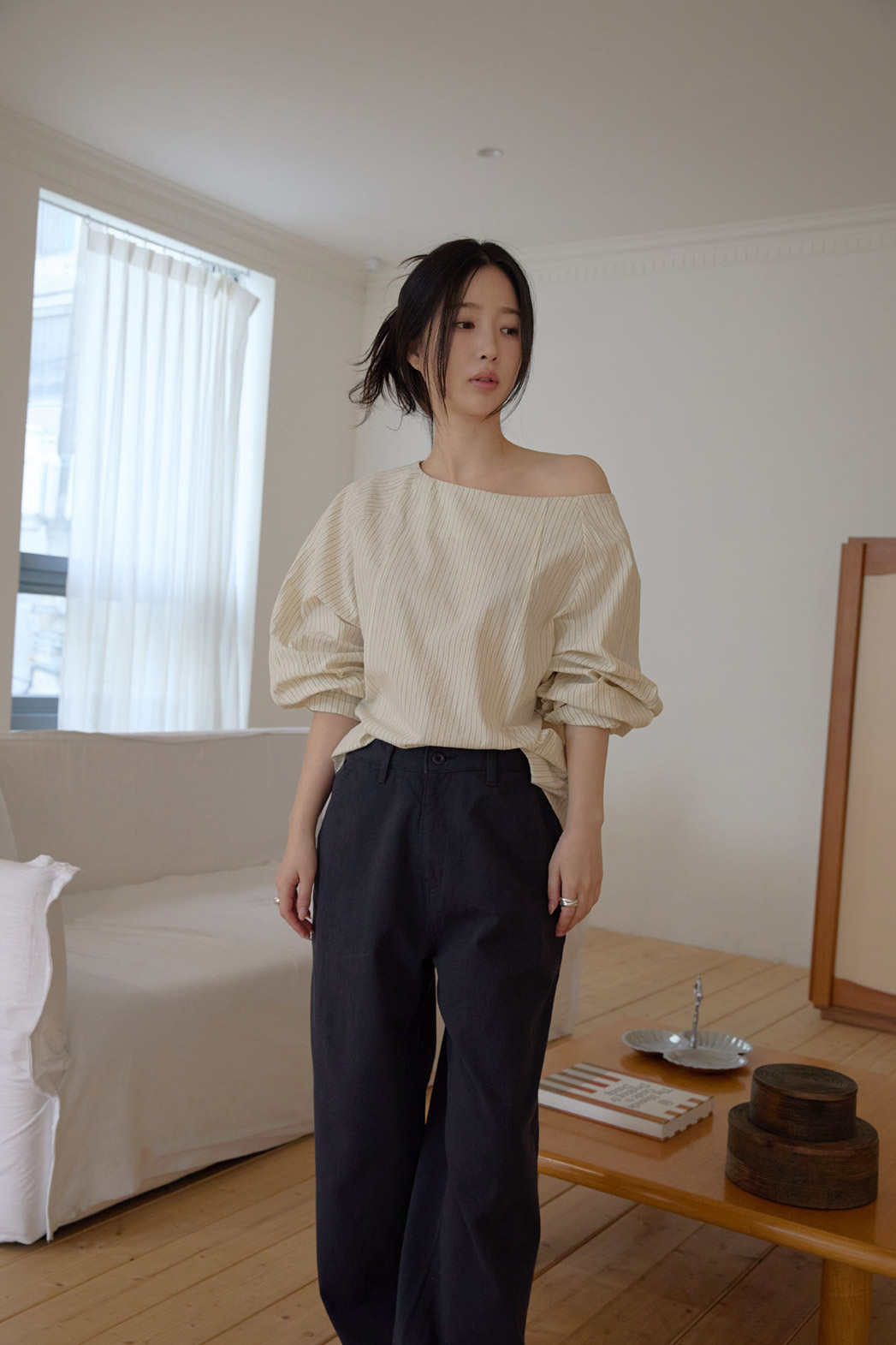 コットンボートネックオフショルダーベーシックストライプブラウス春秋 | 詳細画像16