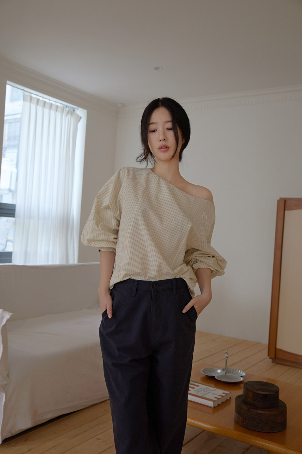 コットンボートネックオフショルダーベーシックストライプブラウス春秋 | 詳細画像17