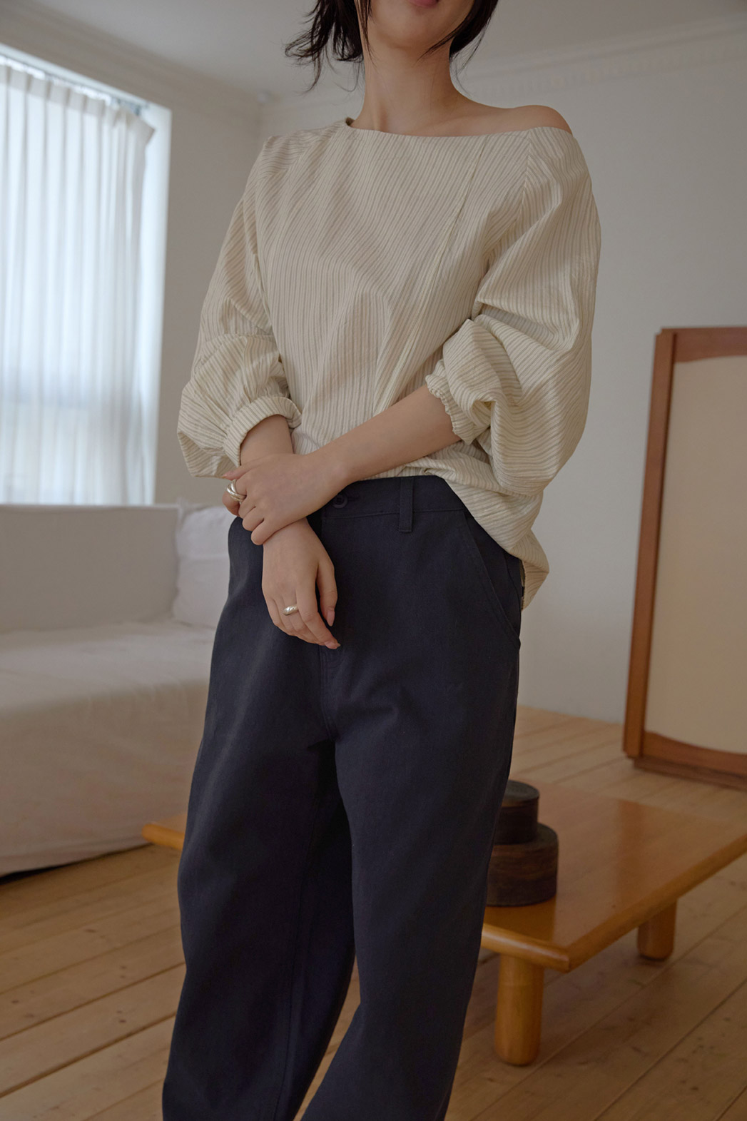 コットンボートネックオフショルダーベーシックストライプブラウス春秋 | 詳細画像18