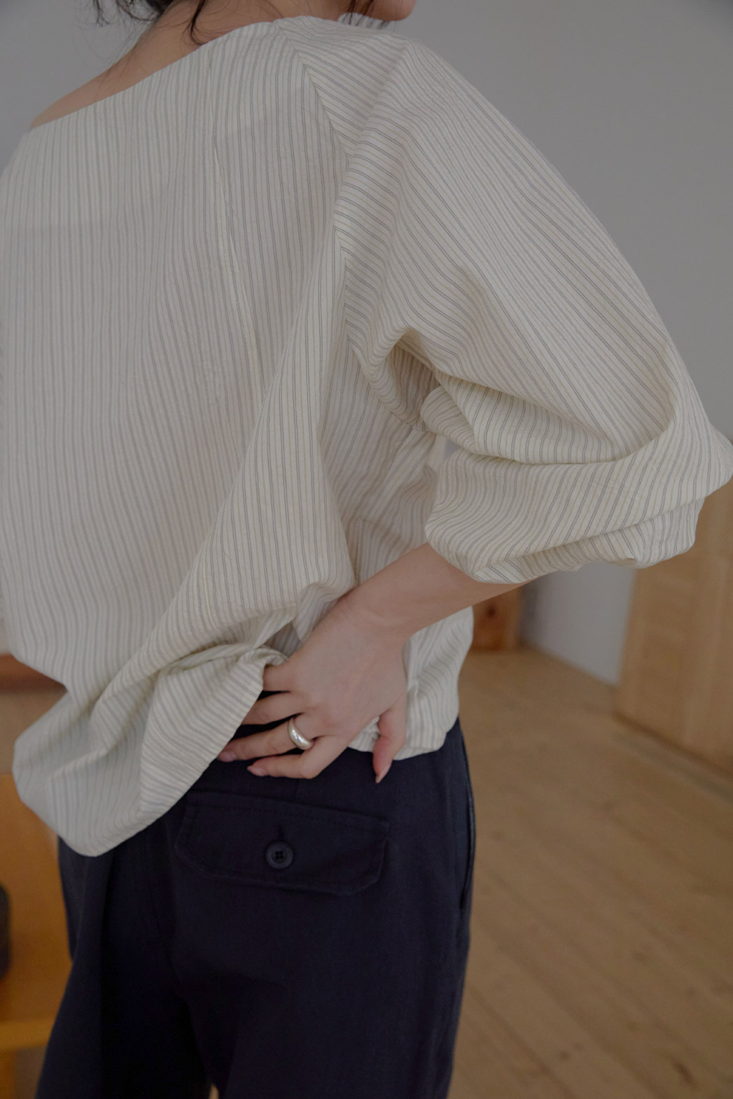 コットンボートネックオフショルダーベーシックストライプブラウス春秋 | 詳細画像20