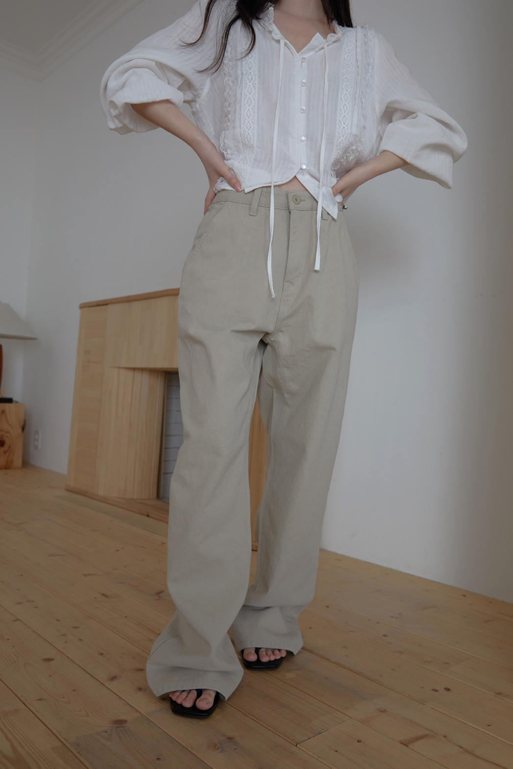 コットンリボン(固定)ラウンドネックフリルピンタックレース無地ブラウス春夏秋 | 詳細画像10