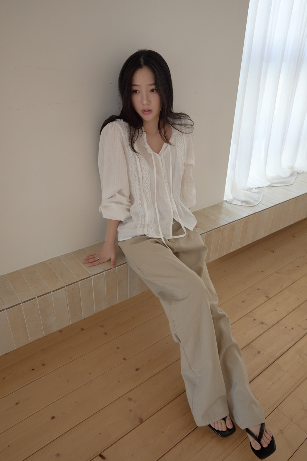 コットンリボン(固定)ラウンドネックフリルピンタックレース無地ブラウス春夏秋 | 詳細画像13