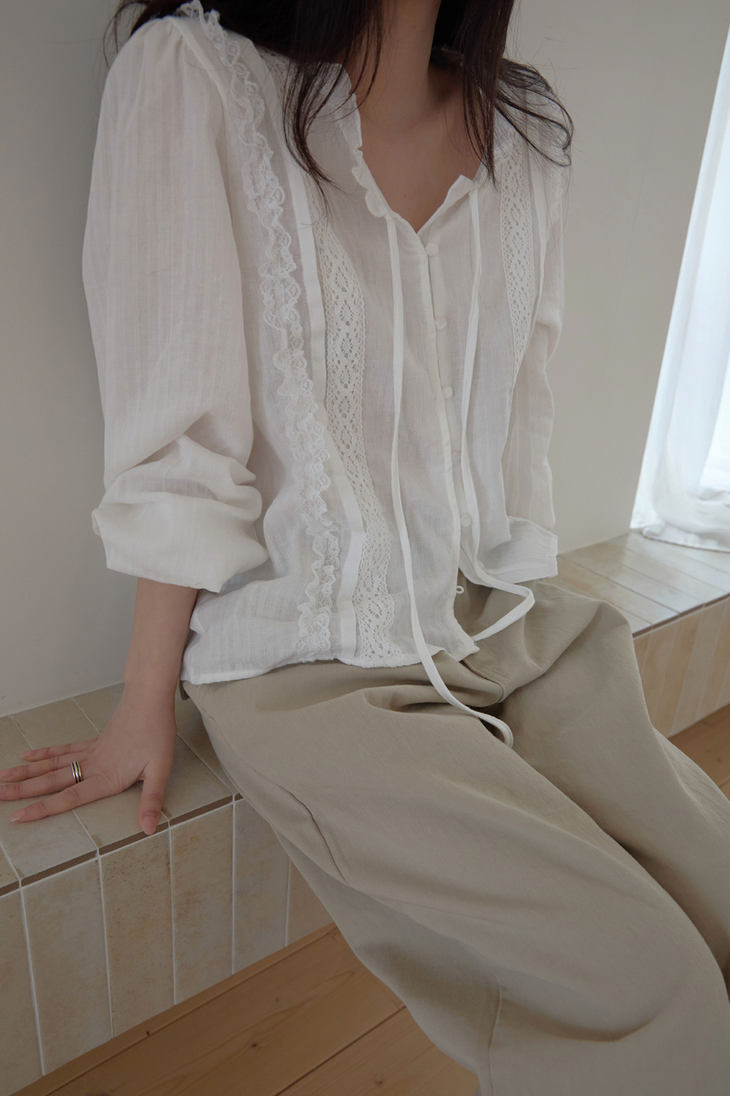 コットンリボン(固定)ラウンドネックフリルピンタックレース無地ブラウス春夏秋 | 詳細画像14