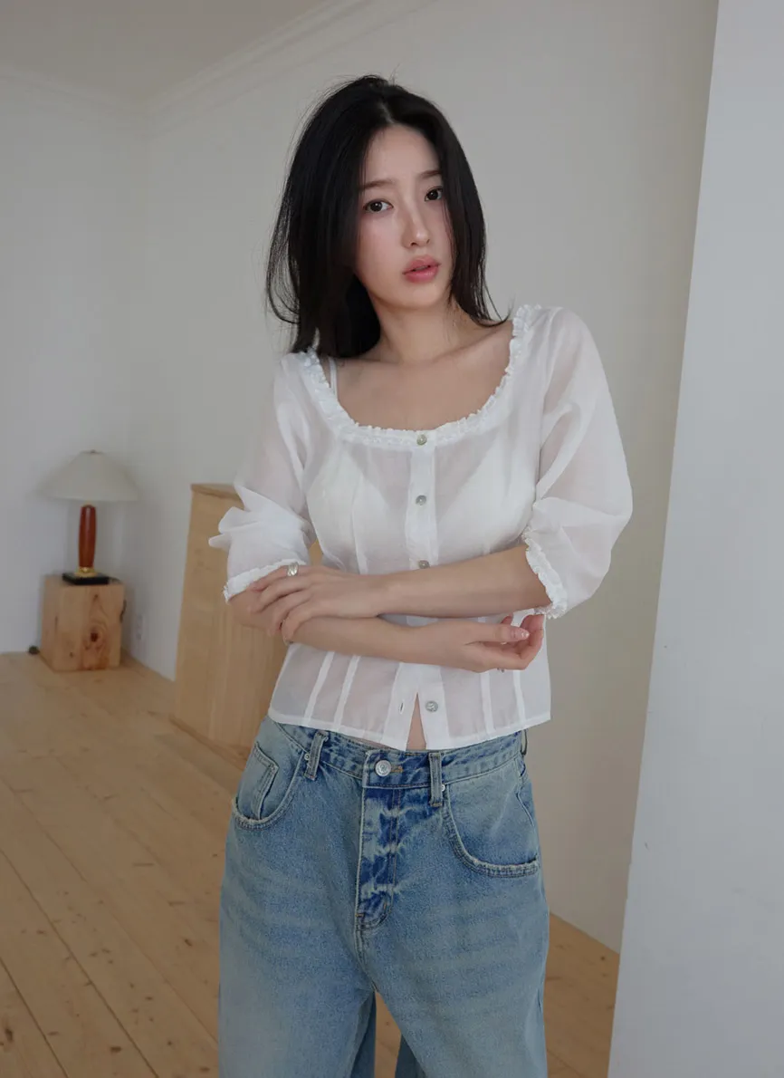 ベルベットベロアボタンスクエアネックラッフルクロップド無地ブラウス春夏秋 | 詳細画像1