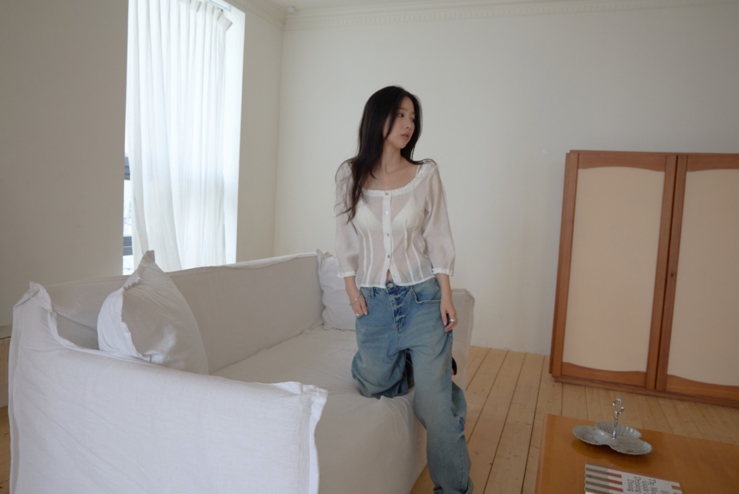 ベルベットベロアボタンスクエアネックラッフルクロップド無地ブラウス春夏秋 | 詳細画像10