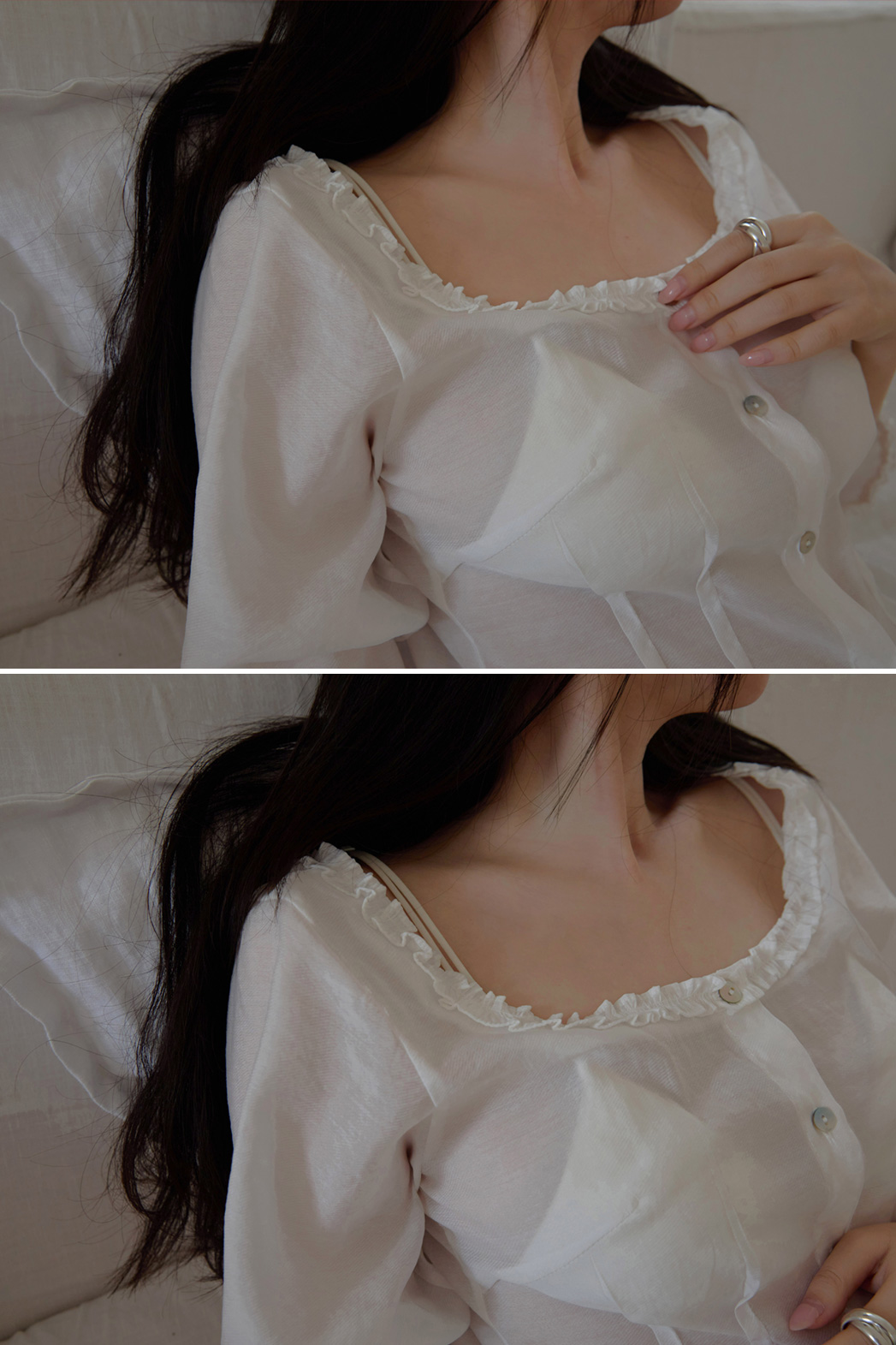 ベルベットベロアボタンスクエアネックラッフルクロップド無地ブラウス春夏秋 | 詳細画像9