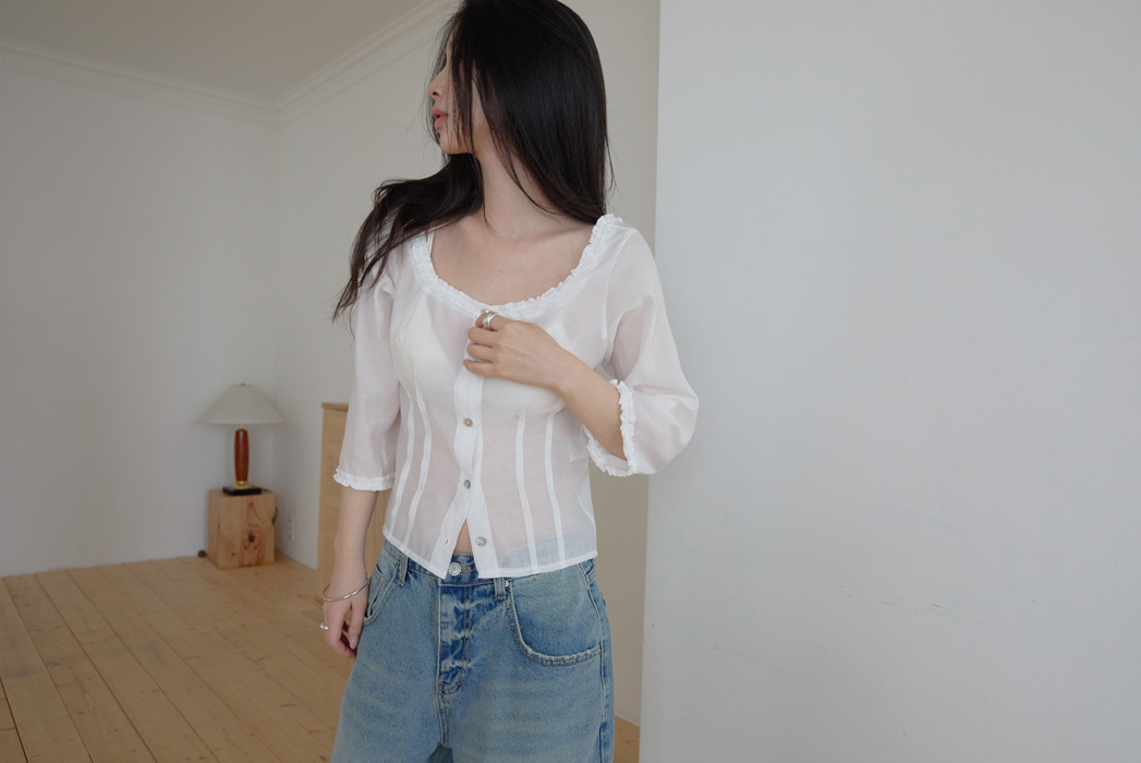 ベルベットベロアボタンスクエアネックラッフルクロップド無地ブラウス春夏秋 | 詳細画像12