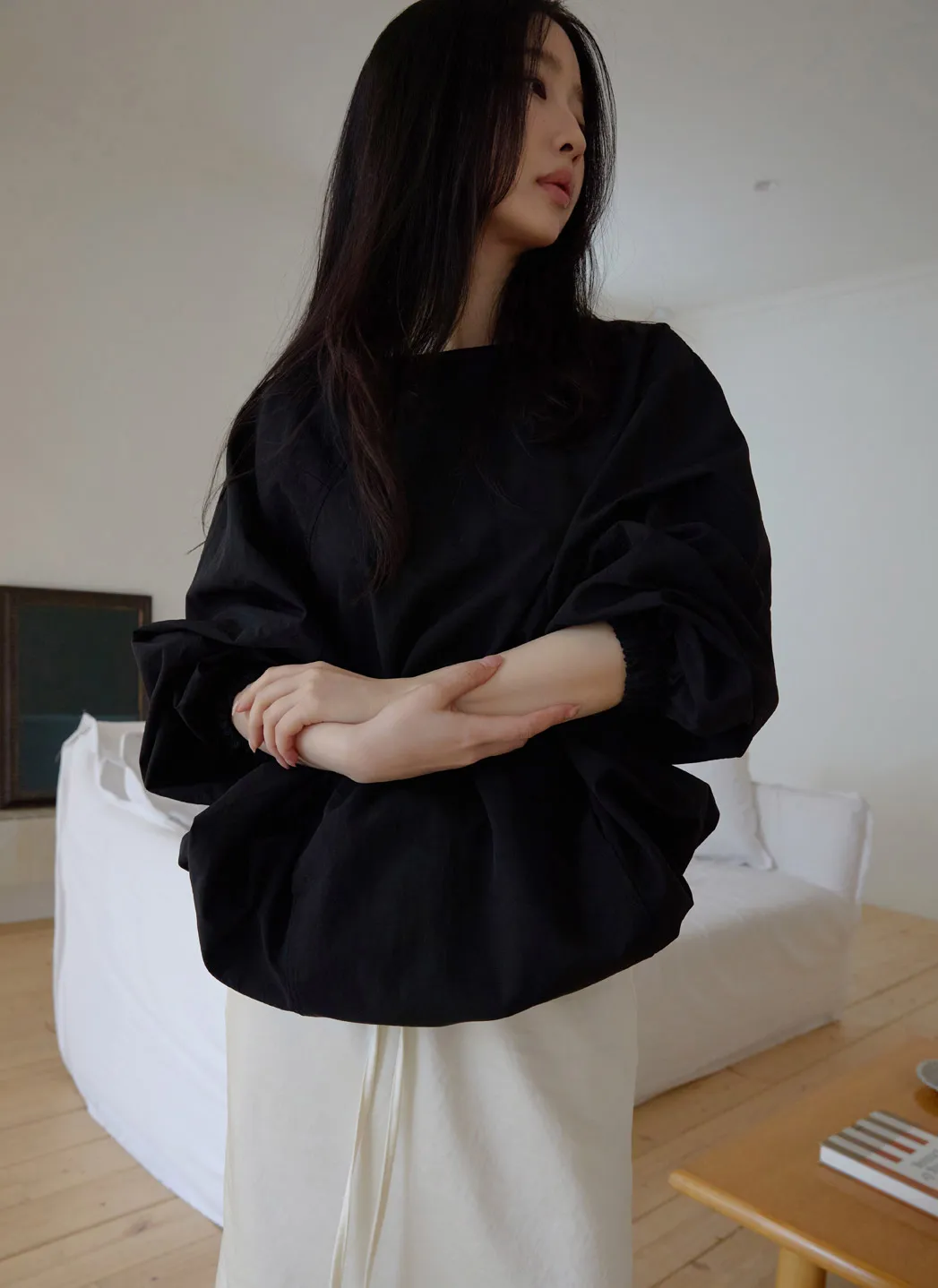 ナイロンドローストリングラインルーズ無地ブラウス春秋 | 詳細画像1