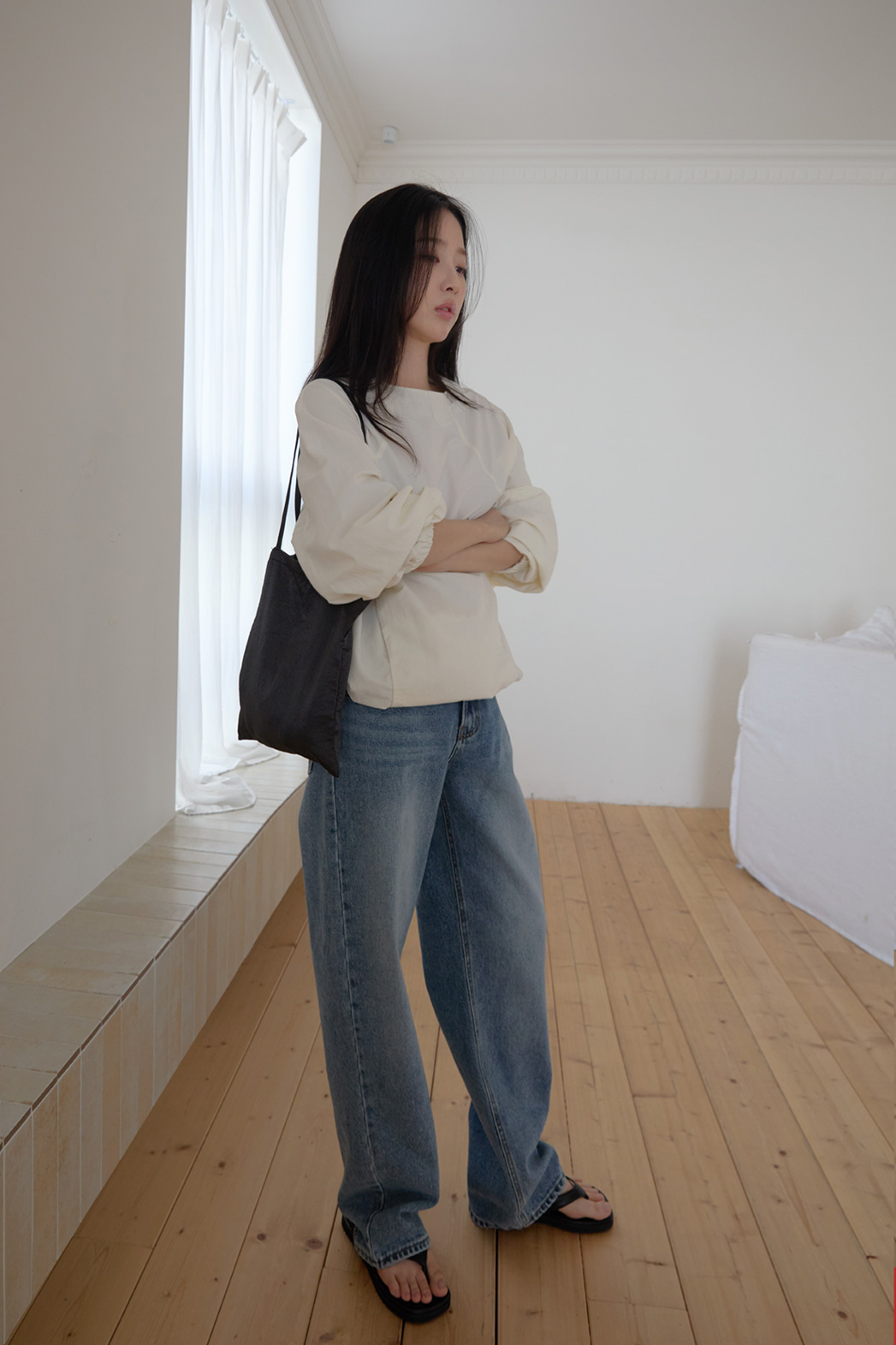 ナイロンドローストリングラインルーズ無地ブラウス春秋 | 詳細画像4