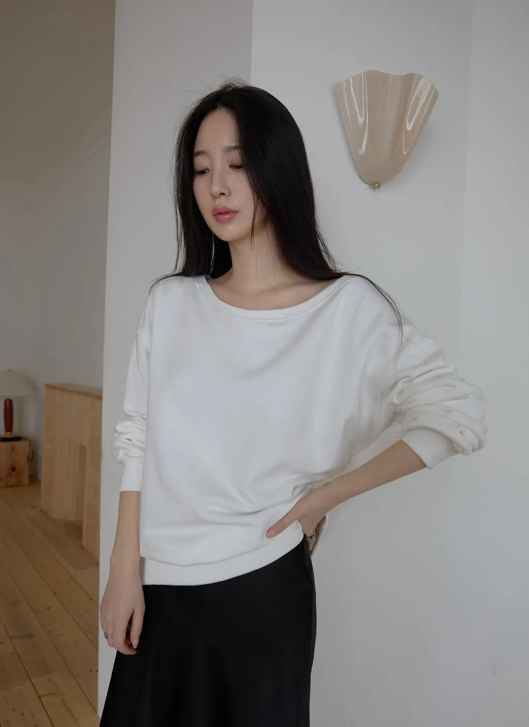 コットンオフショルダーベーシック無地スウェット春秋 | 詳細画像1