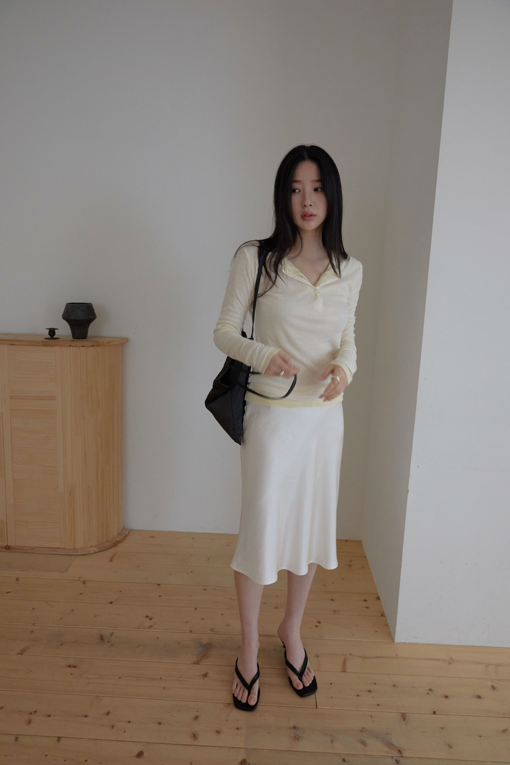 ウール混ボタンラウンドネックスリム無地Tシャツオールシーズン | 詳細画像4