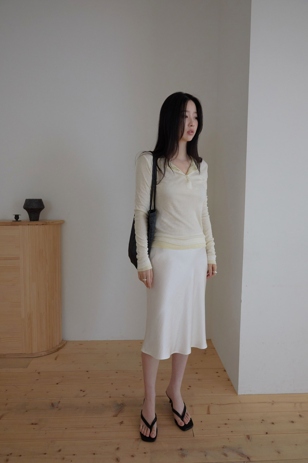 ウール混ボタンラウンドネックスリム無地Tシャツオールシーズン | 詳細画像5