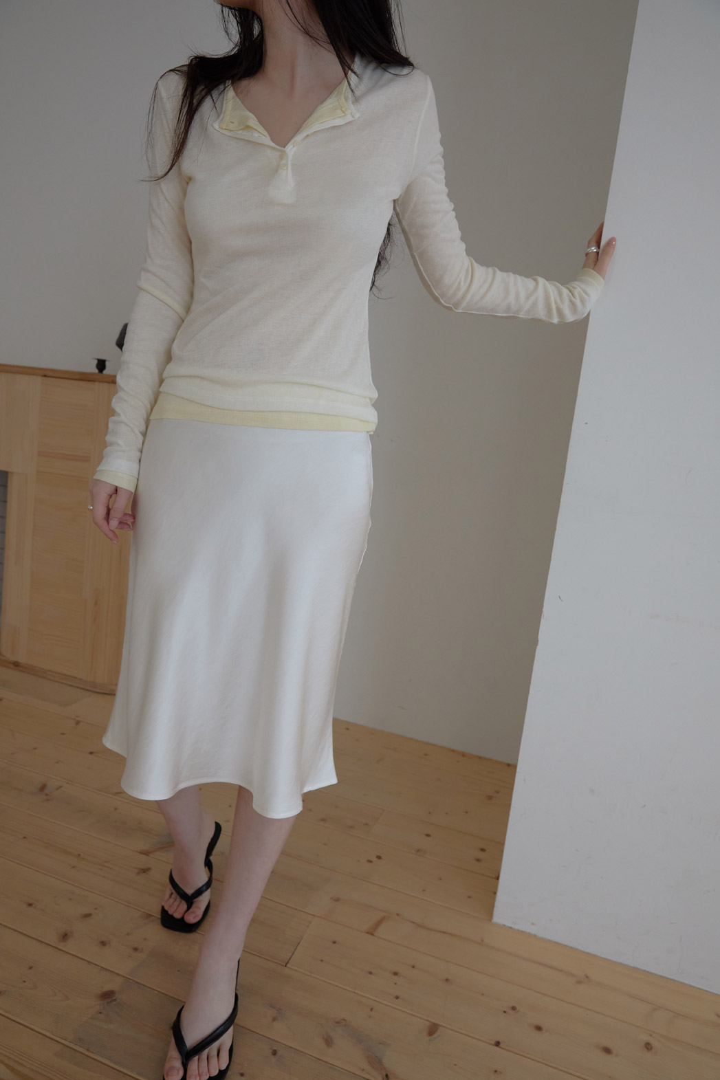 ウール混ボタンラウンドネックスリム無地Tシャツオールシーズン | 詳細画像6