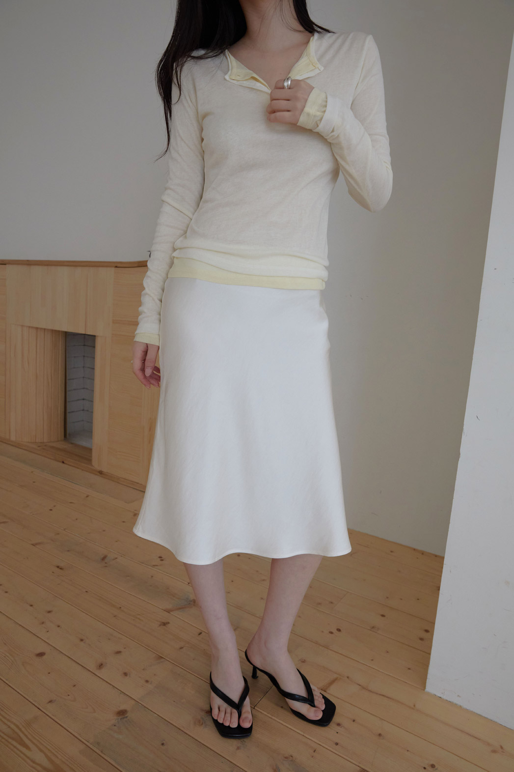 ウール混ボタンラウンドネックスリム無地Tシャツオールシーズン | 詳細画像7