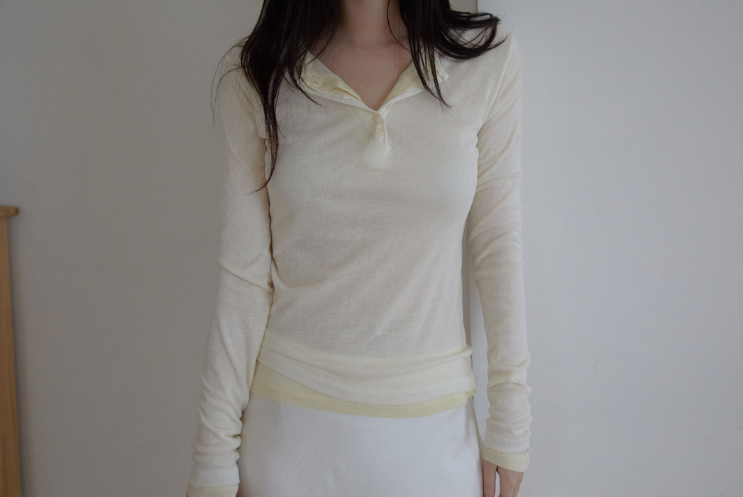 ウール混ボタンラウンドネックスリム無地Tシャツオールシーズン | 詳細画像8