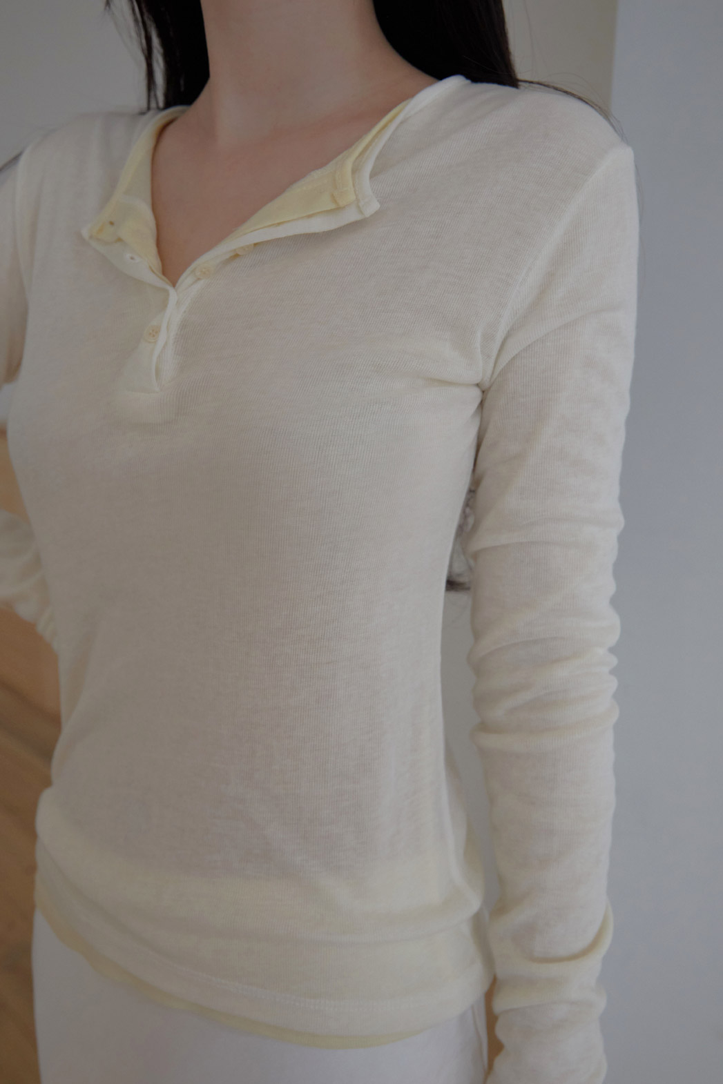 ウール混ボタンラウンドネックスリム無地Tシャツオールシーズン | 詳細画像9