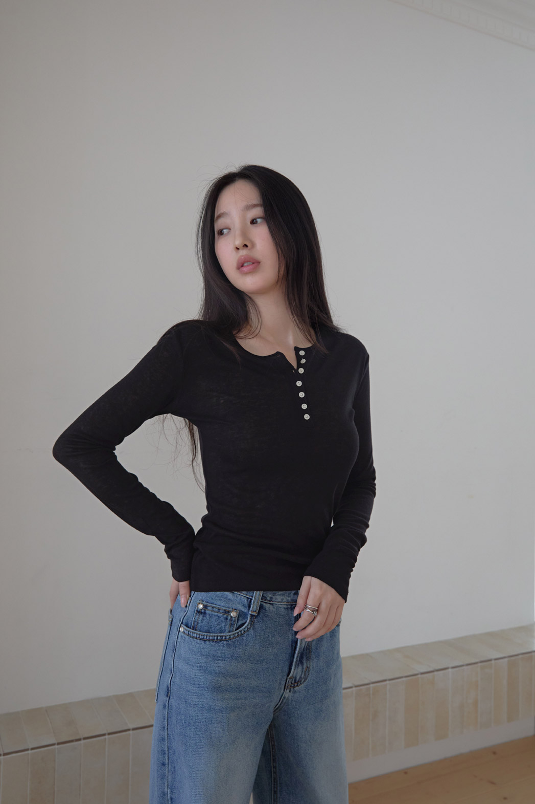 ウール混ボタンラウンドネックスリム無地Tシャツオールシーズン | 詳細画像20