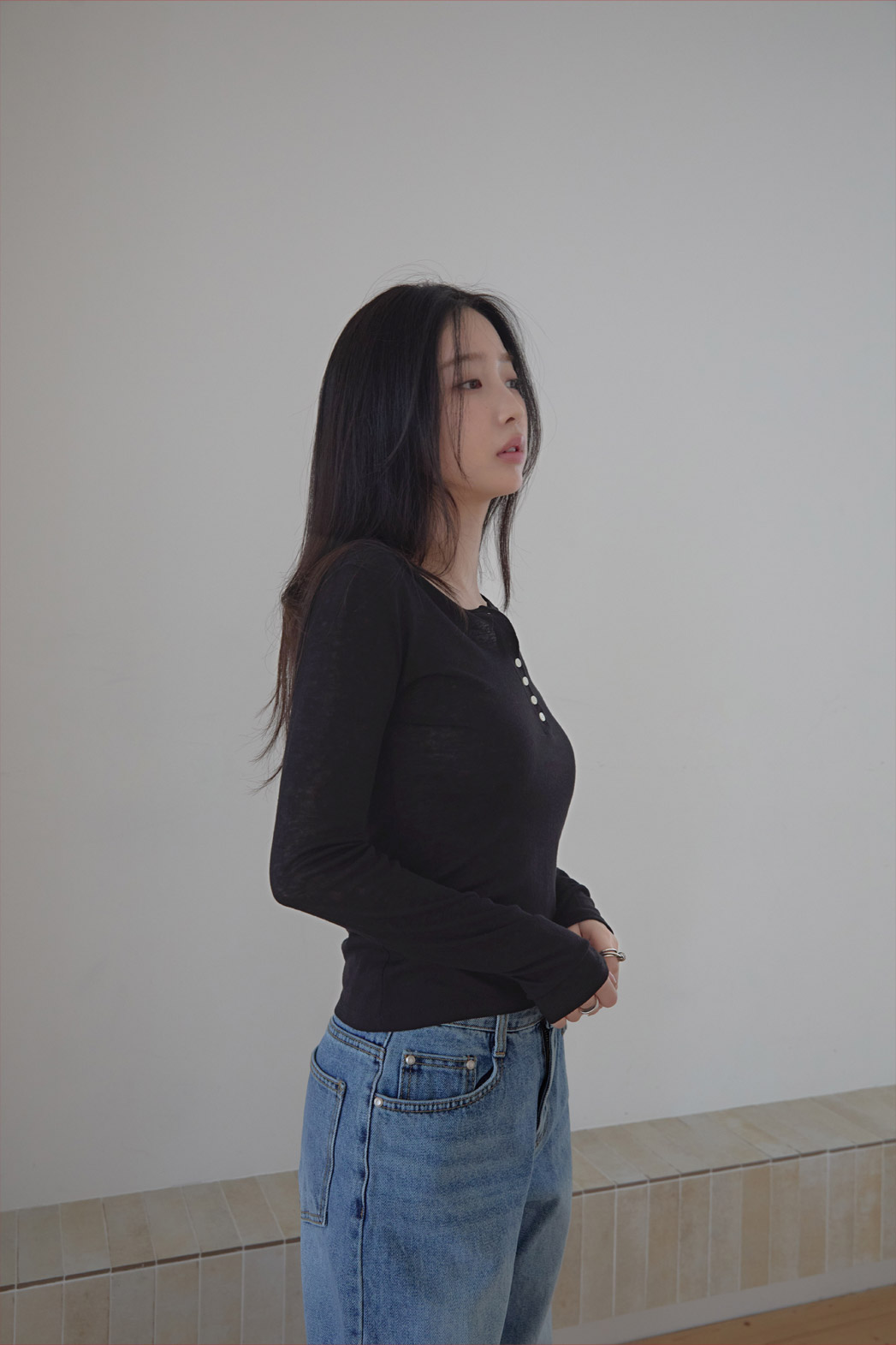 ウール混ボタンラウンドネックスリム無地Tシャツオールシーズン | 詳細画像21