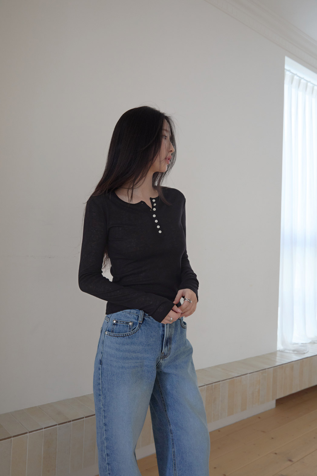 ウール混ボタンラウンドネックスリム無地Tシャツオールシーズン | 詳細画像22