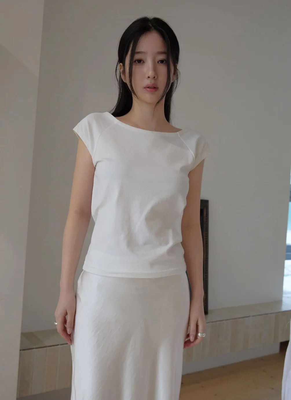 コットンボートネックフレンチスリーブスリム無地Tシャツオールシーズン | 詳細画像1