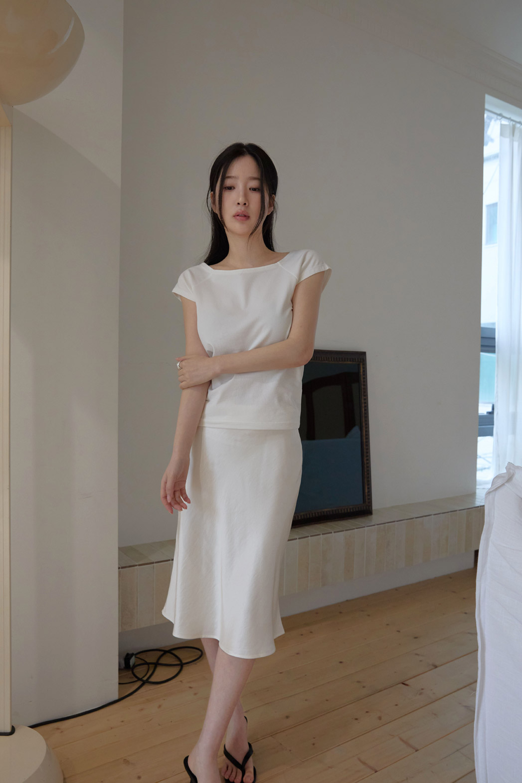 コットンボートネックフレンチスリーブスリム無地Tシャツオールシーズン | 詳細画像4