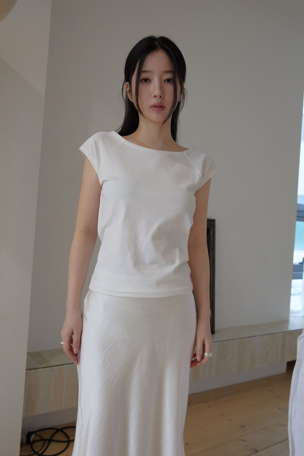 コットンボートネックフレンチスリーブスリム無地Tシャツオールシーズン | 詳細画像5