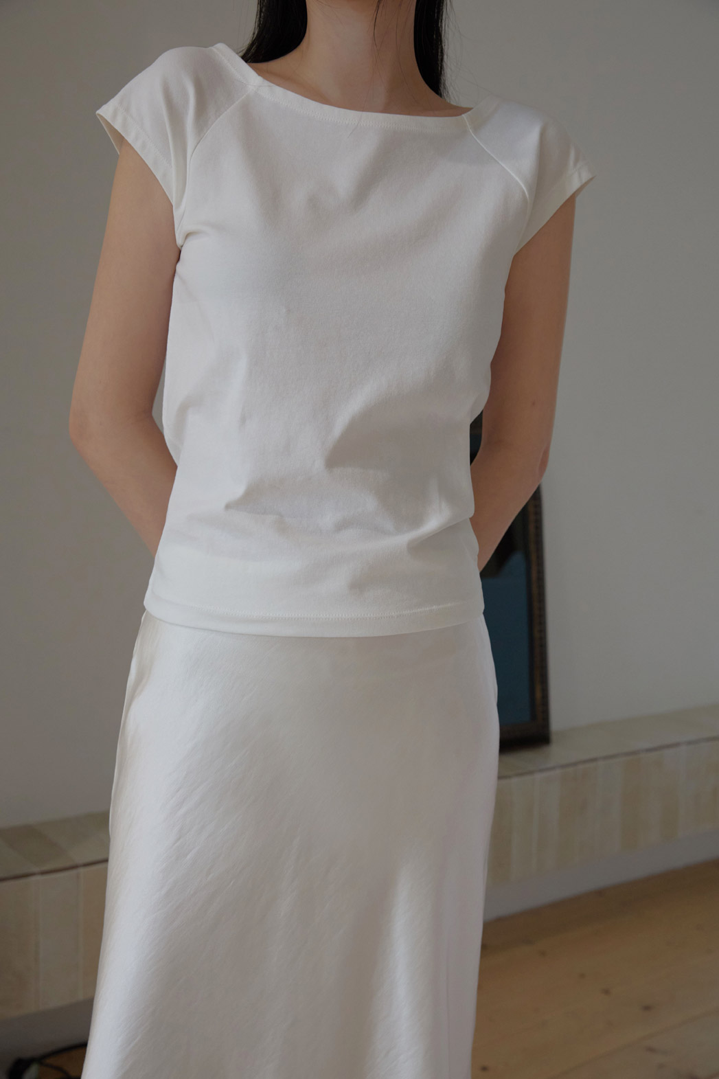 コットンボートネックフレンチスリーブスリム無地Tシャツオールシーズン | 詳細画像6