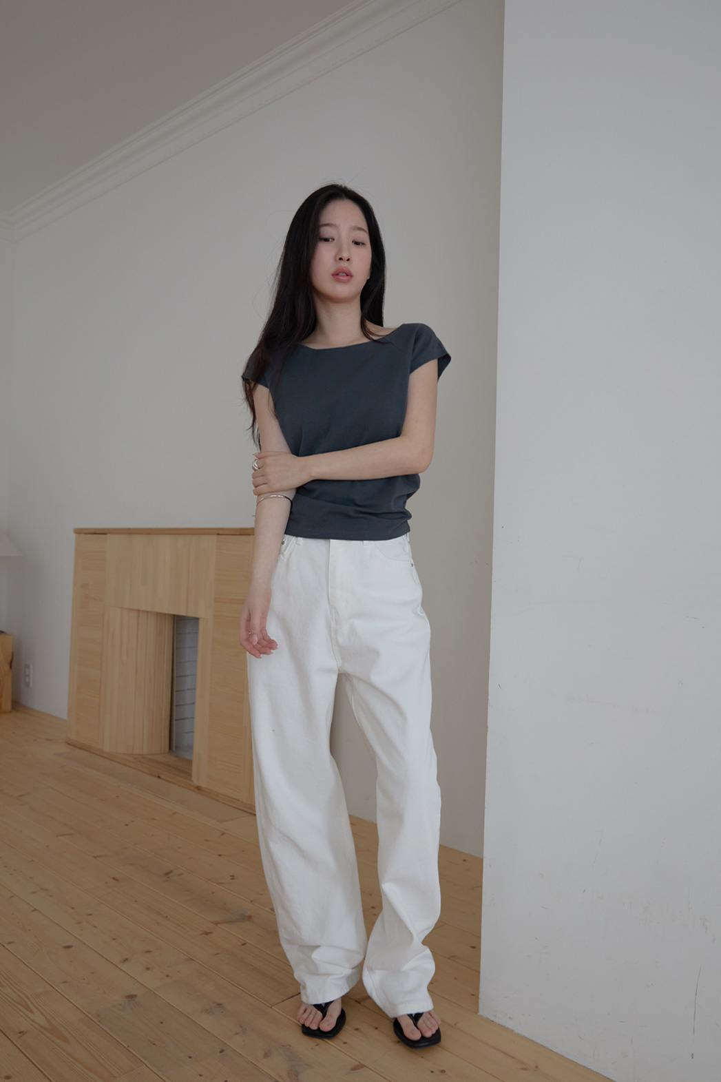 コットンボートネックフレンチスリーブスリム無地Tシャツオールシーズン | 詳細画像13