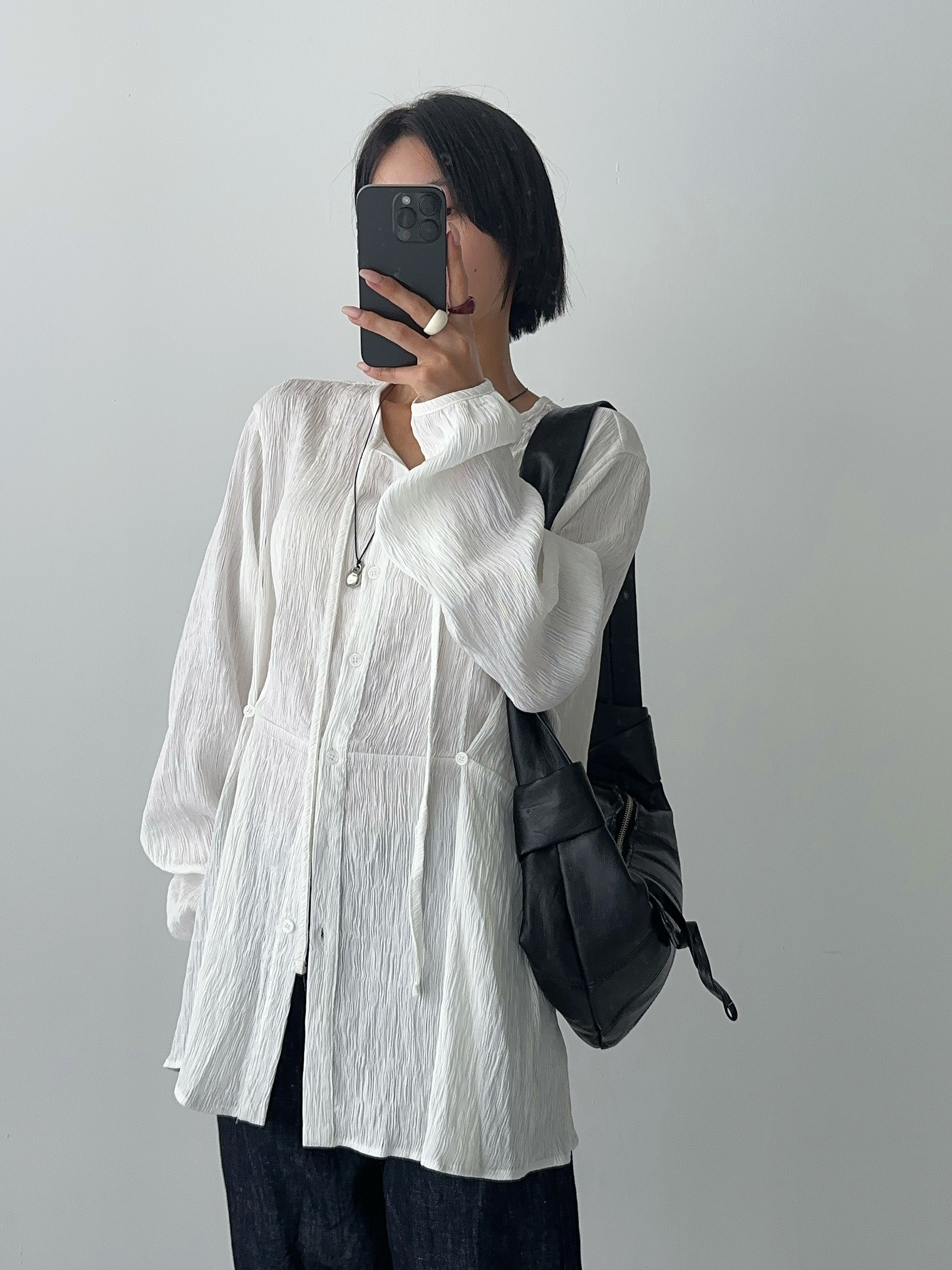 リボン(固定)ボタンロング長袖サイドボタンブラウス | 詳細画像3