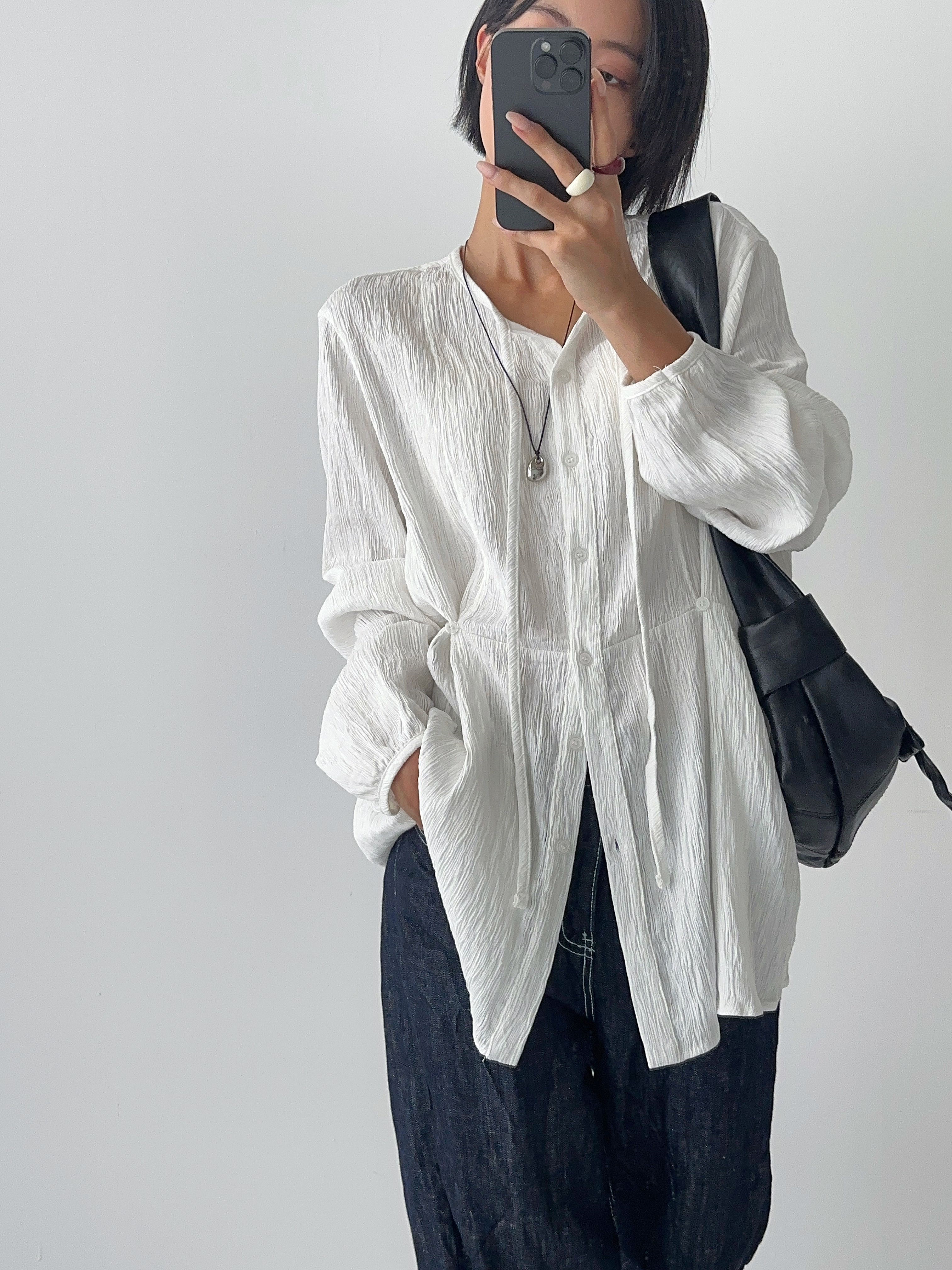 リボン(固定)ボタンロング長袖サイドボタンブラウス | 詳細画像4