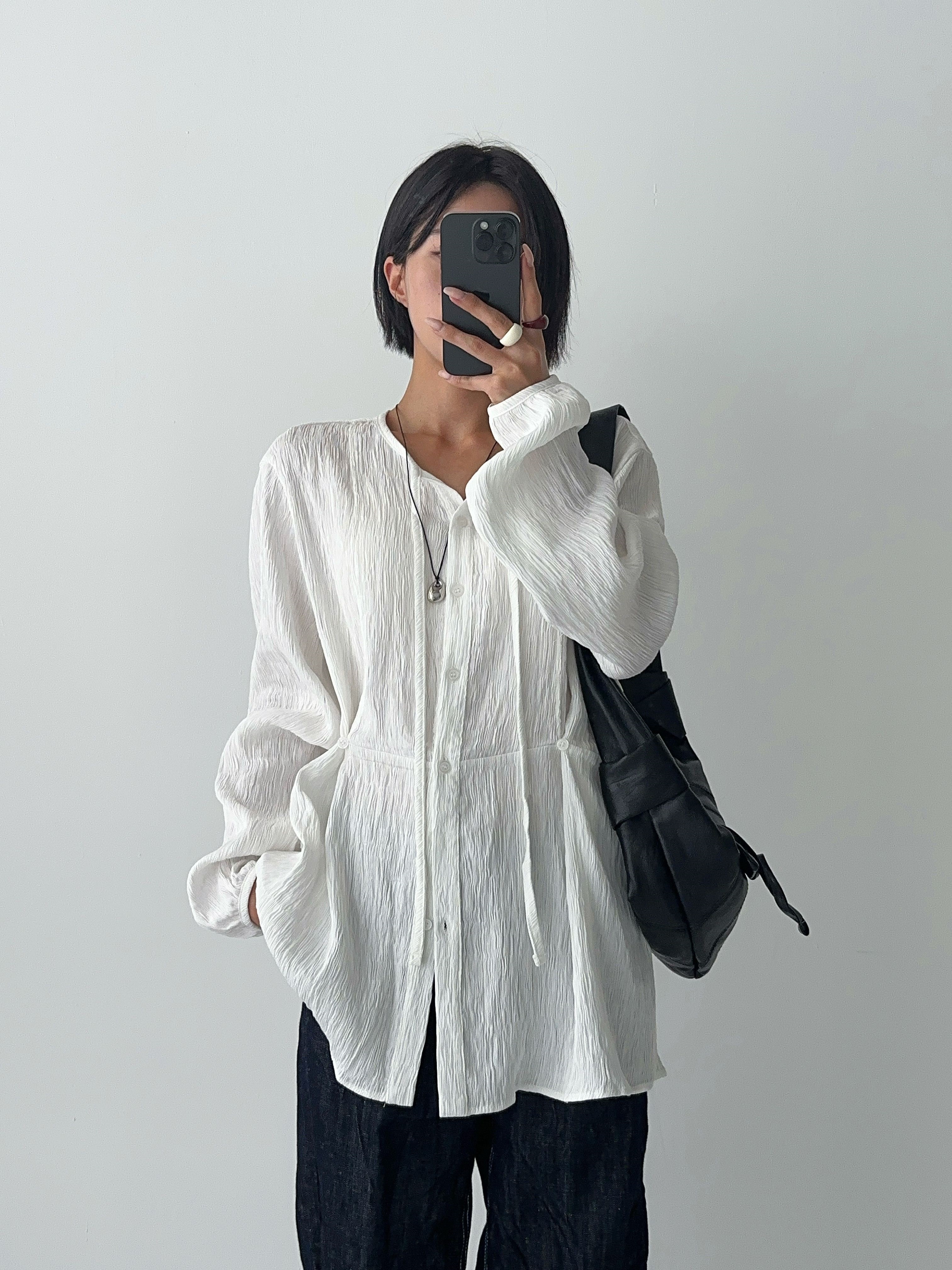 リボン(固定)ボタンロング長袖サイドボタンブラウス | 詳細画像5