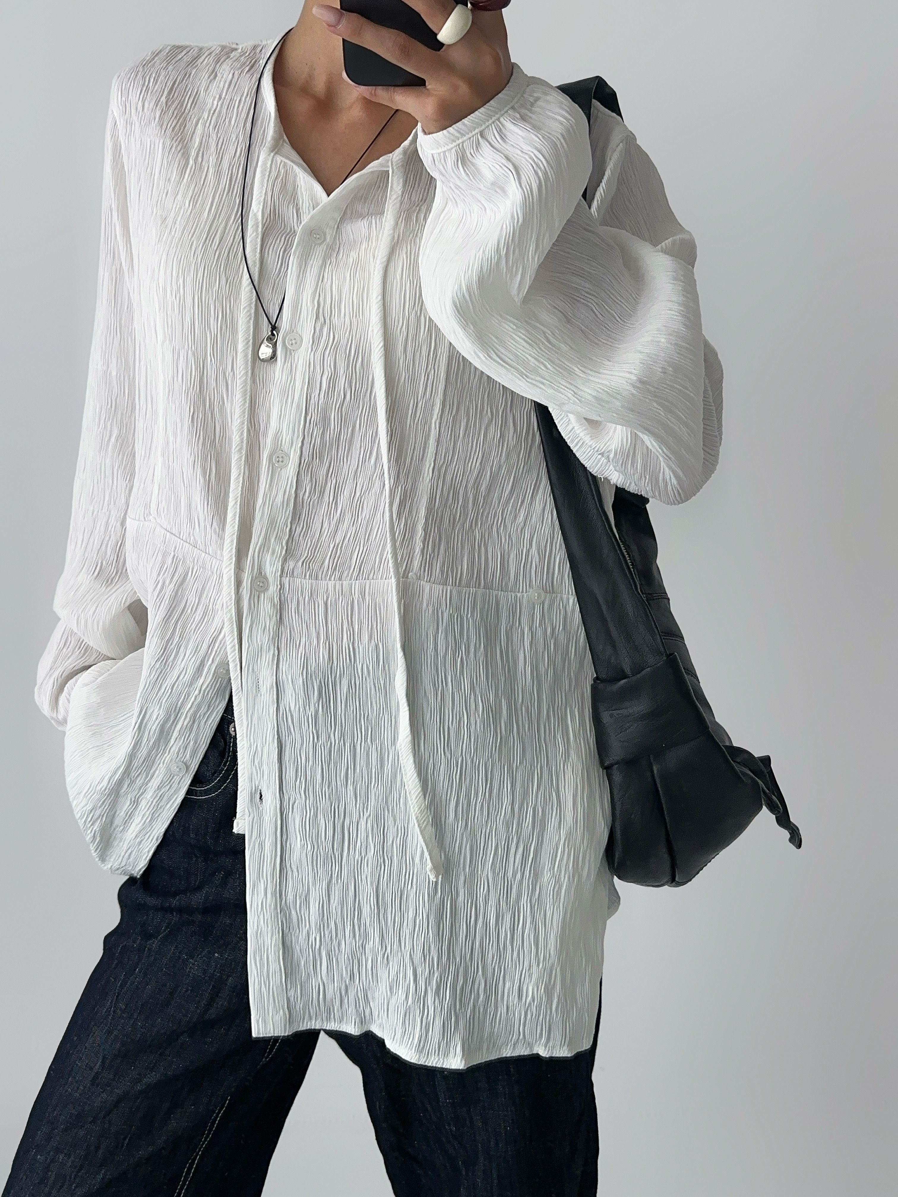 リボン(固定)ボタンロング長袖サイドボタンブラウス | 詳細画像8