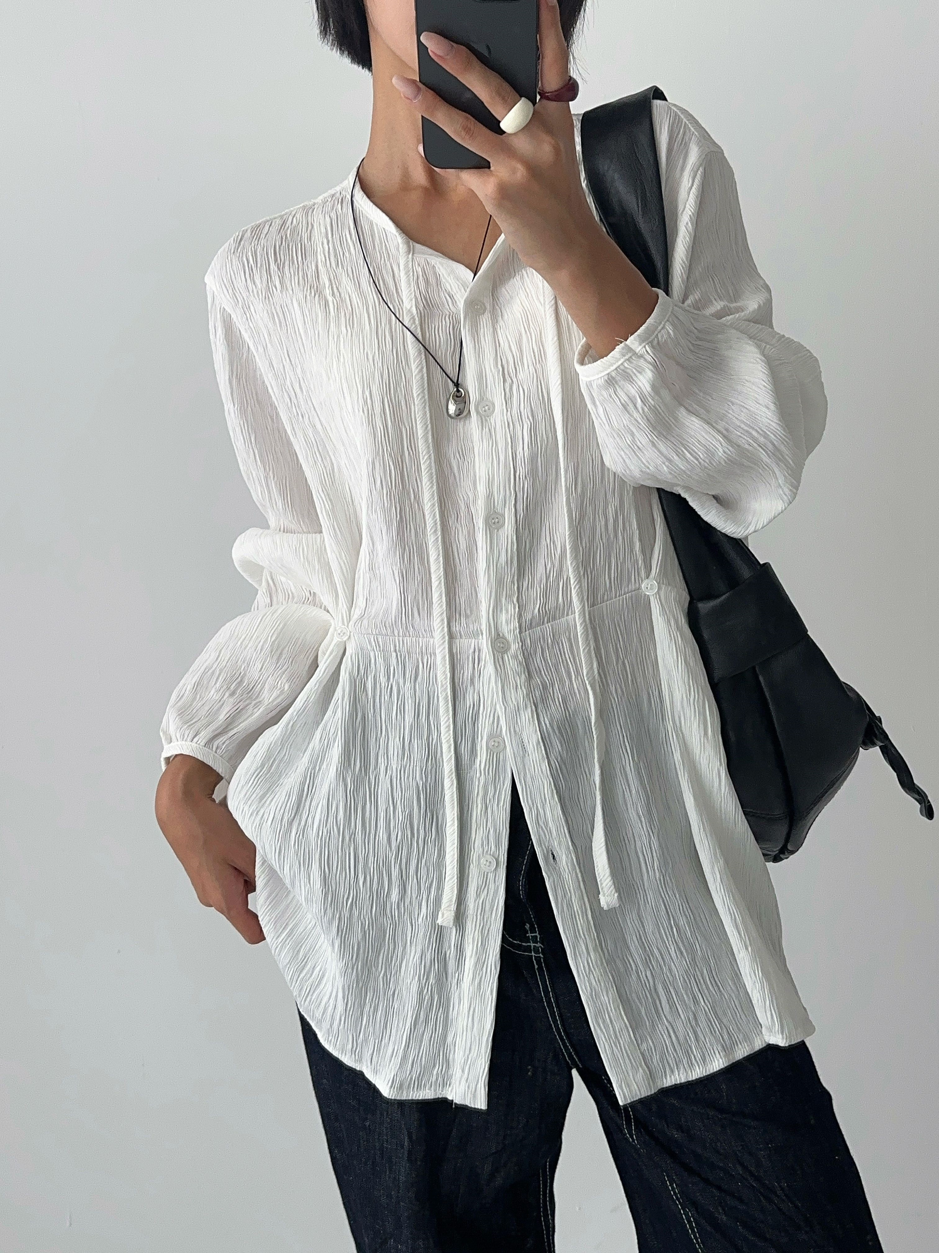 リボン(固定)ボタンロング長袖サイドボタンブラウス | 詳細画像9