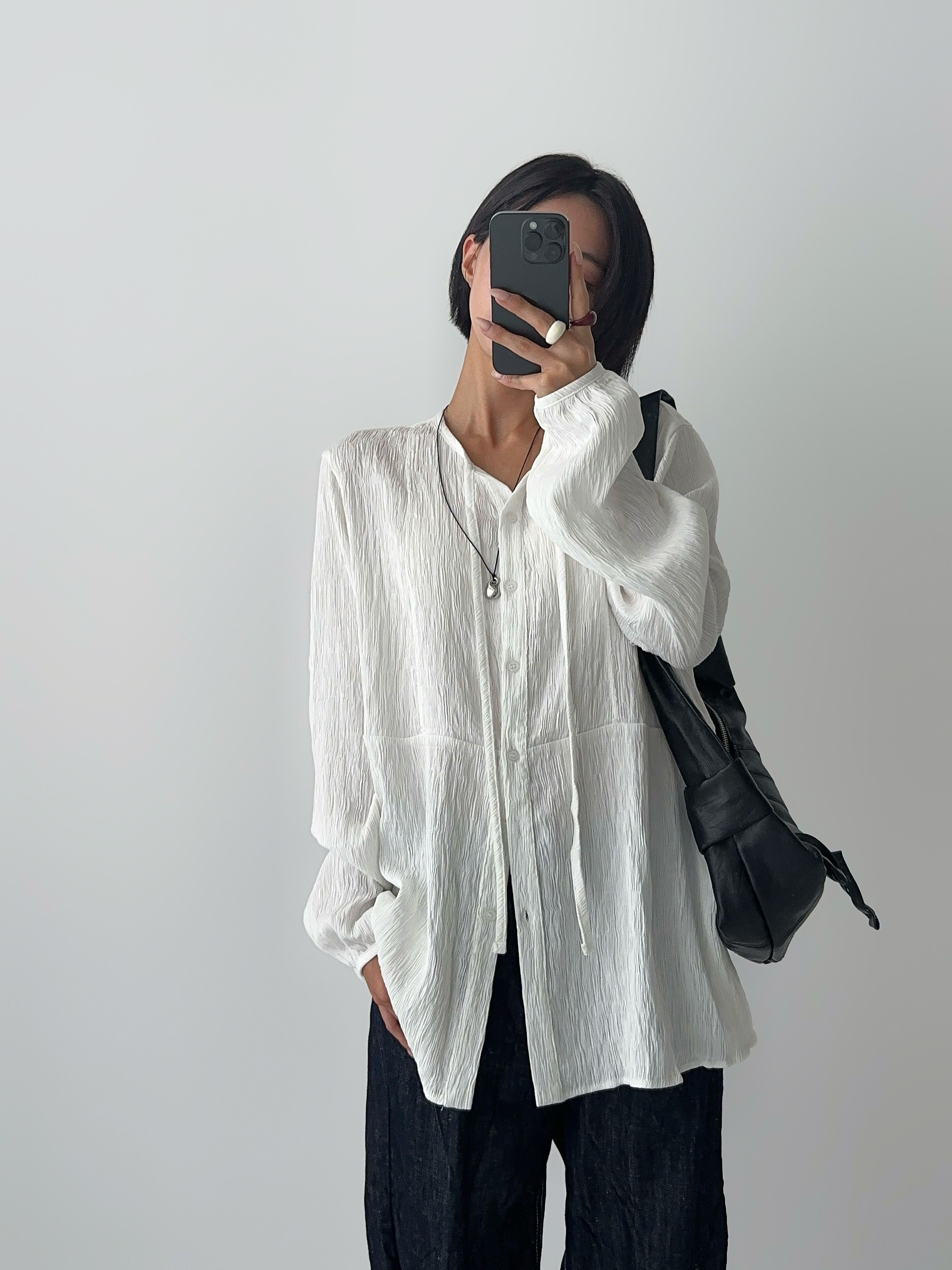 リボン(固定)ボタンロング長袖サイドボタンブラウス | 詳細画像12