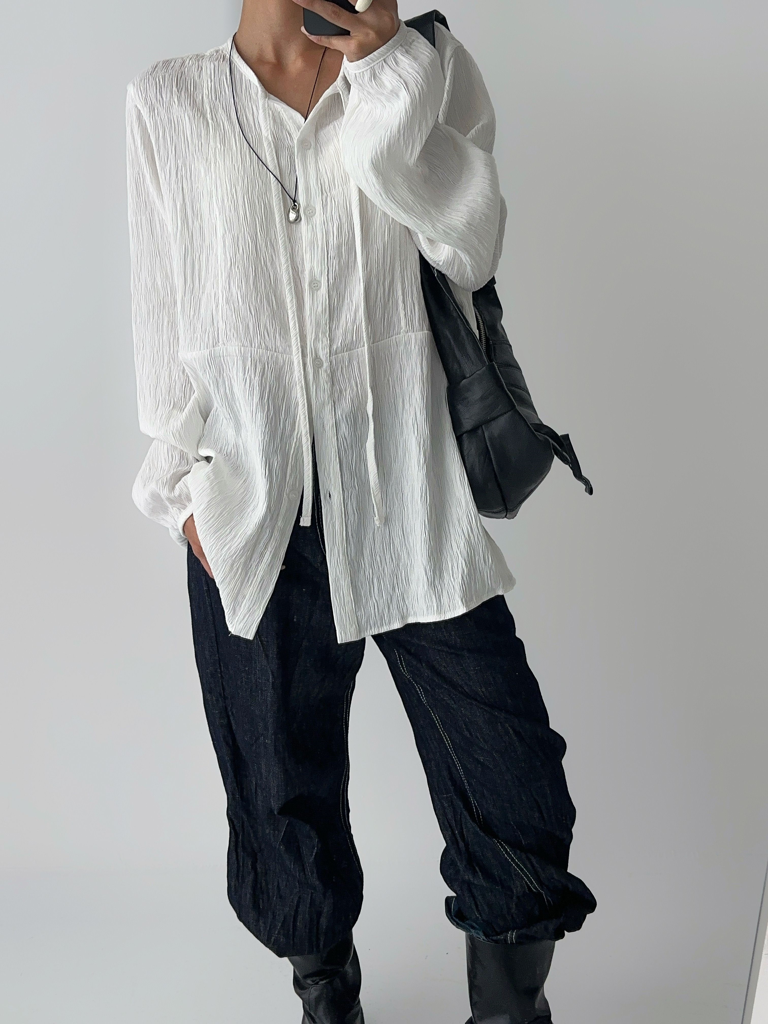 リボン(固定)ボタンロング長袖サイドボタンブラウス | 詳細画像13