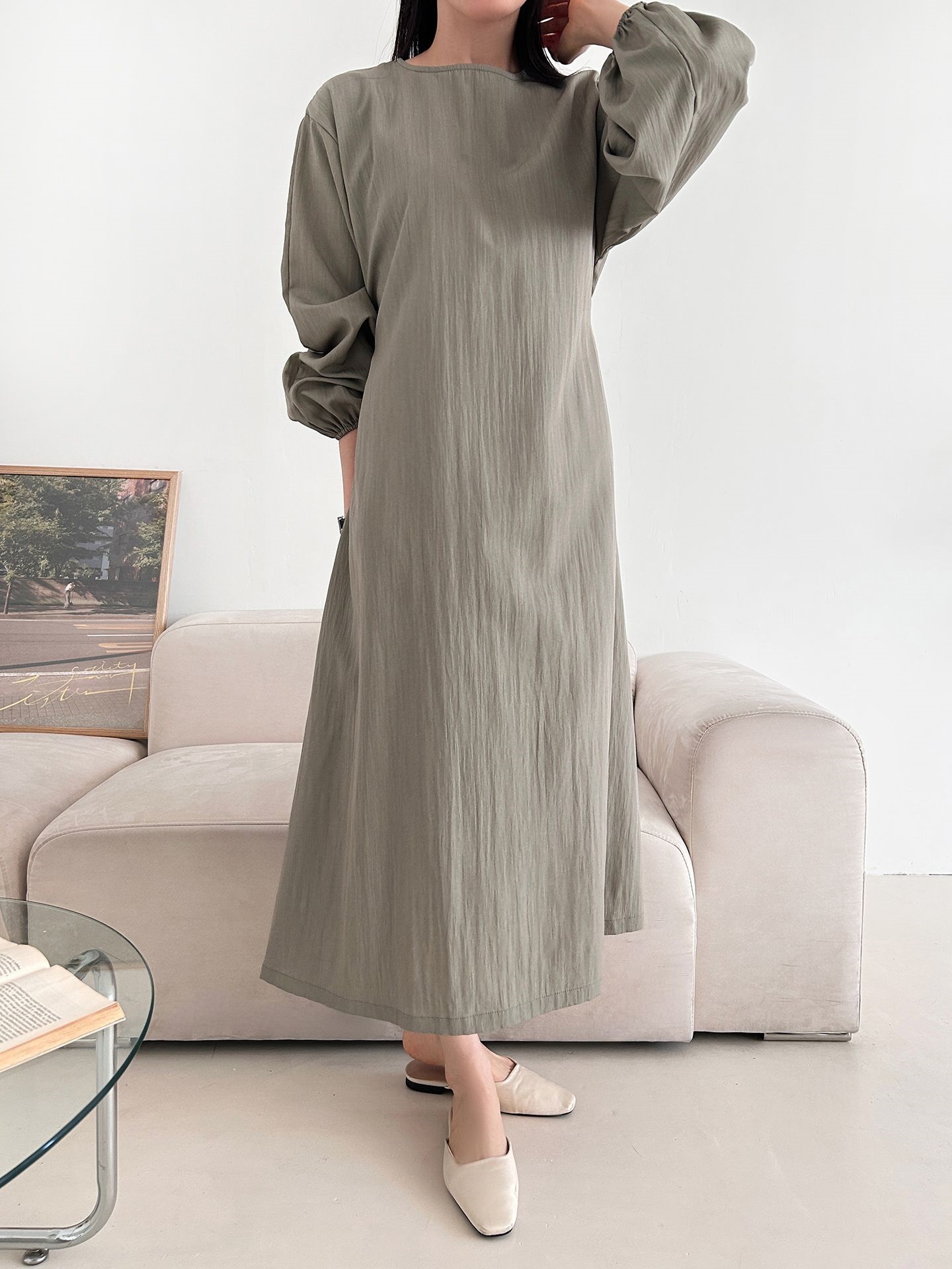ラウンドネックポケットオーバーサイズロング長袖バックリボン無地ワンピース | 詳細画像6