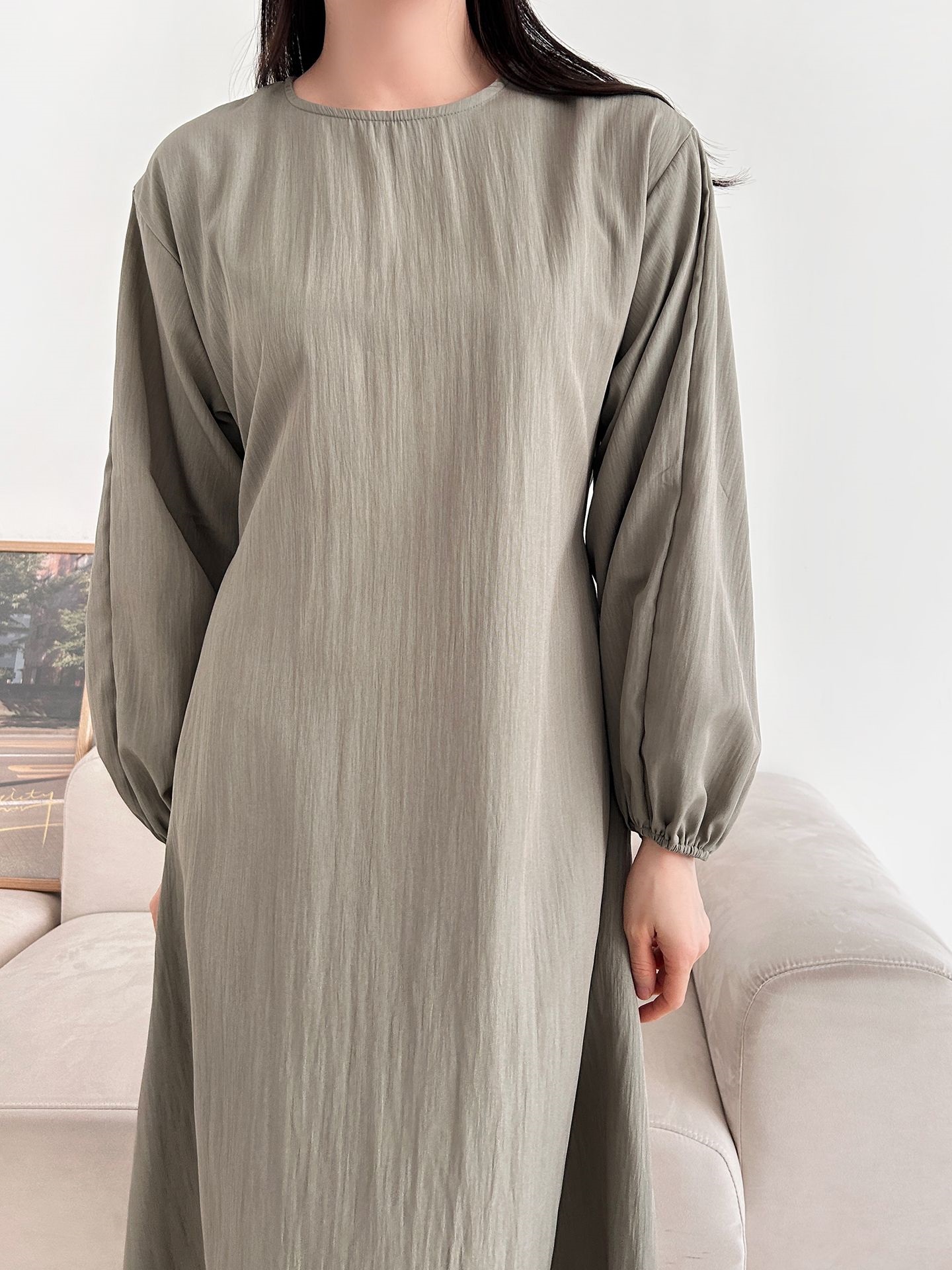 ラウンドネックポケットオーバーサイズロング長袖バックリボン無地ワンピース | 詳細画像8