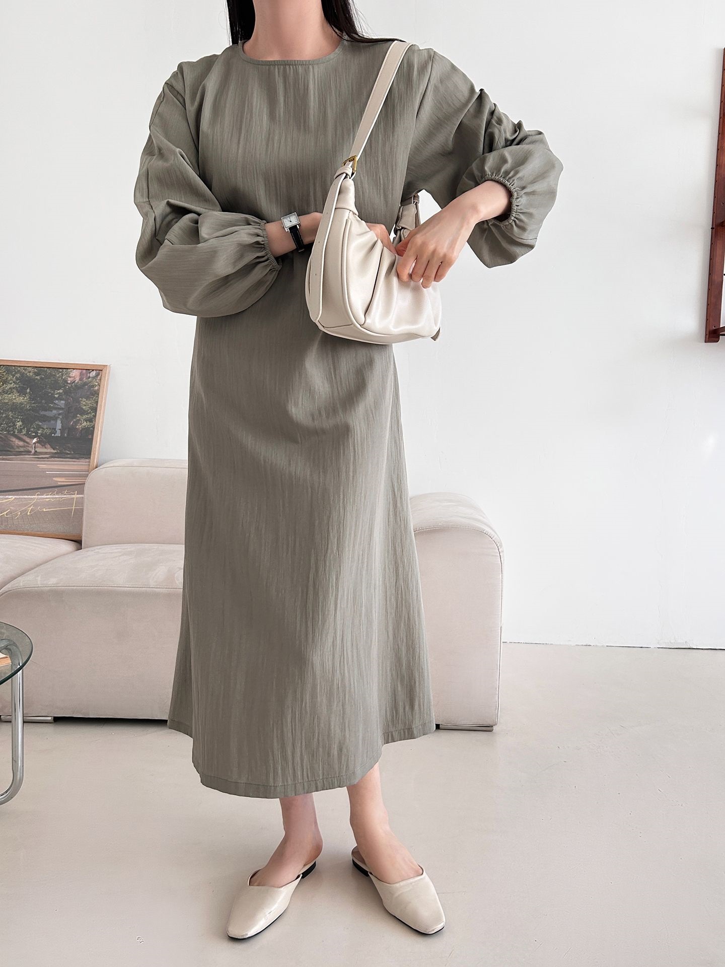 ラウンドネックポケットオーバーサイズロング長袖バックリボン無地ワンピース | 詳細画像9