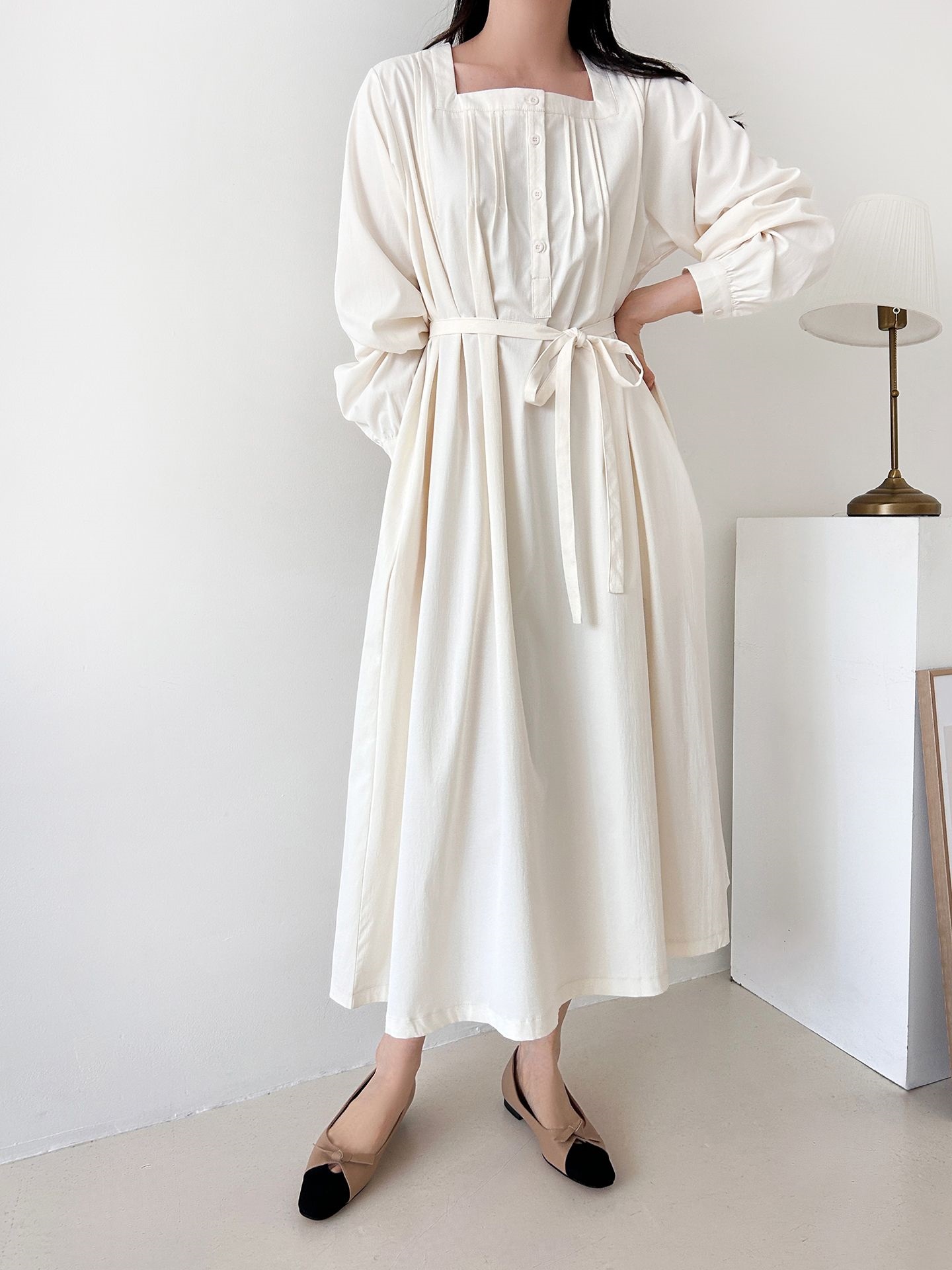 ボタンスクエアネックポケットオーバーサイズロング長袖ワンピースストラップ付 | 詳細画像2