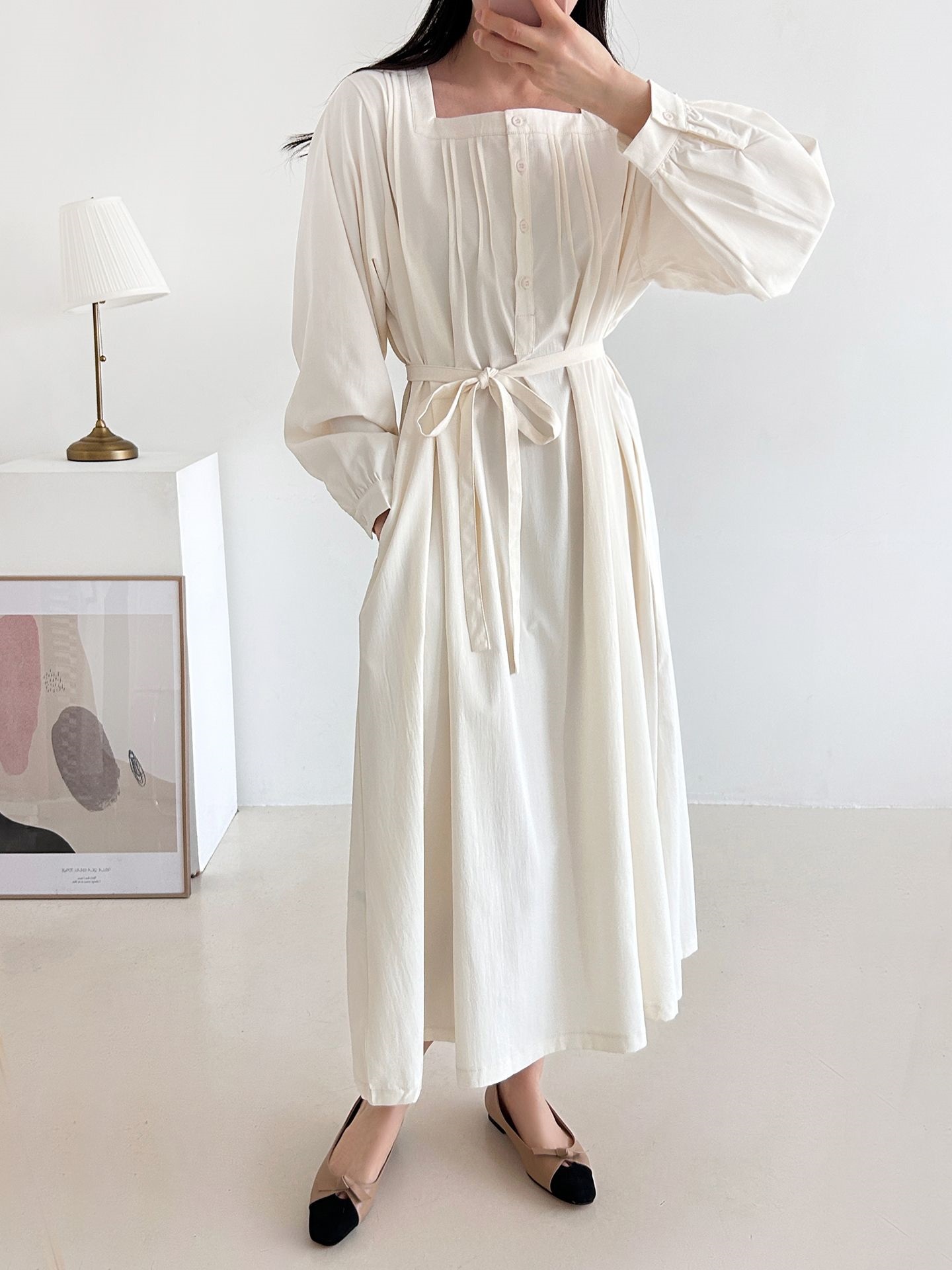 ボタンスクエアネックポケットオーバーサイズロング長袖ワンピースストラップ付 | 詳細画像3