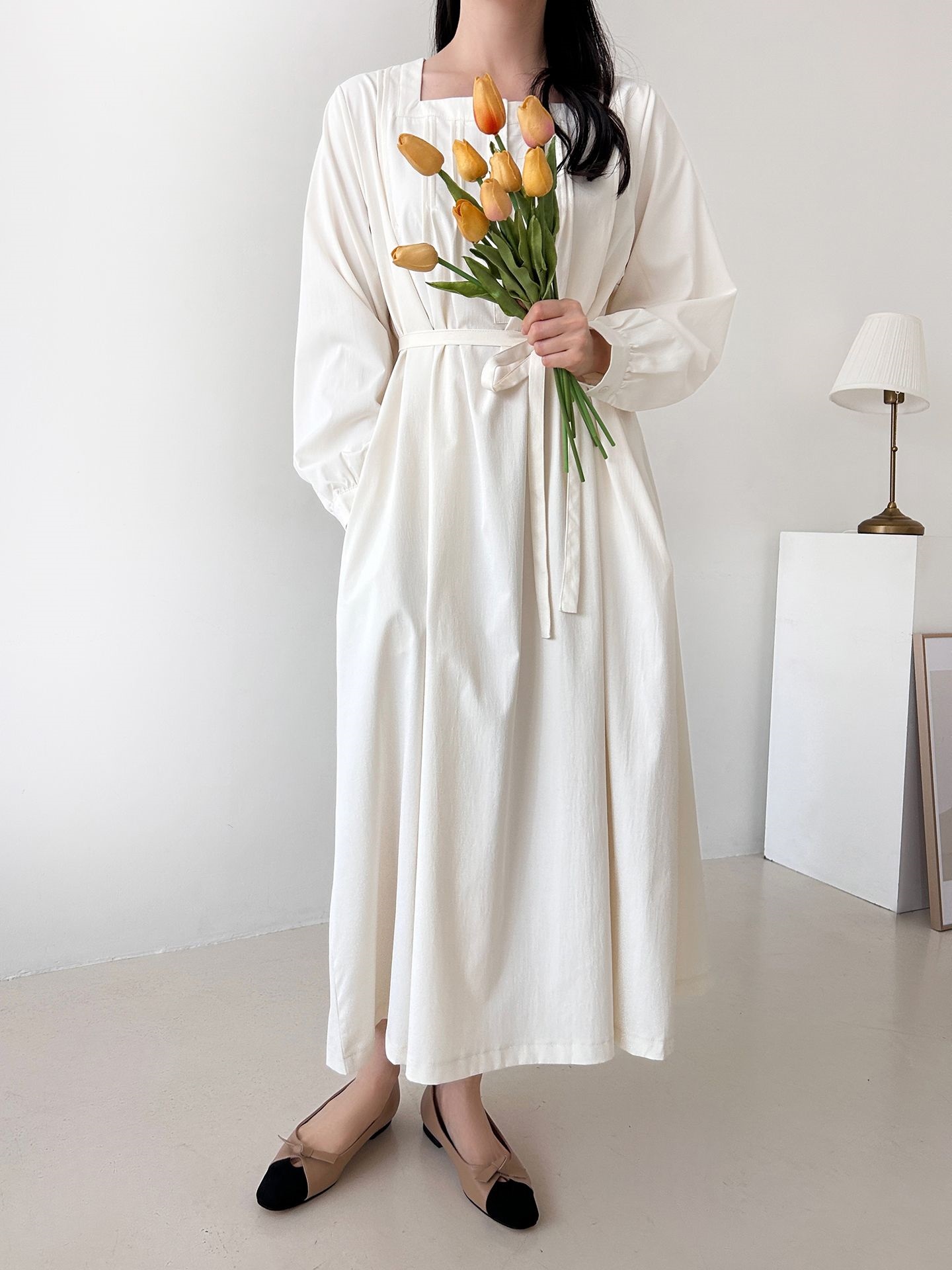 ボタンスクエアネックポケットオーバーサイズロング長袖ワンピースストラップ付 | 詳細画像4