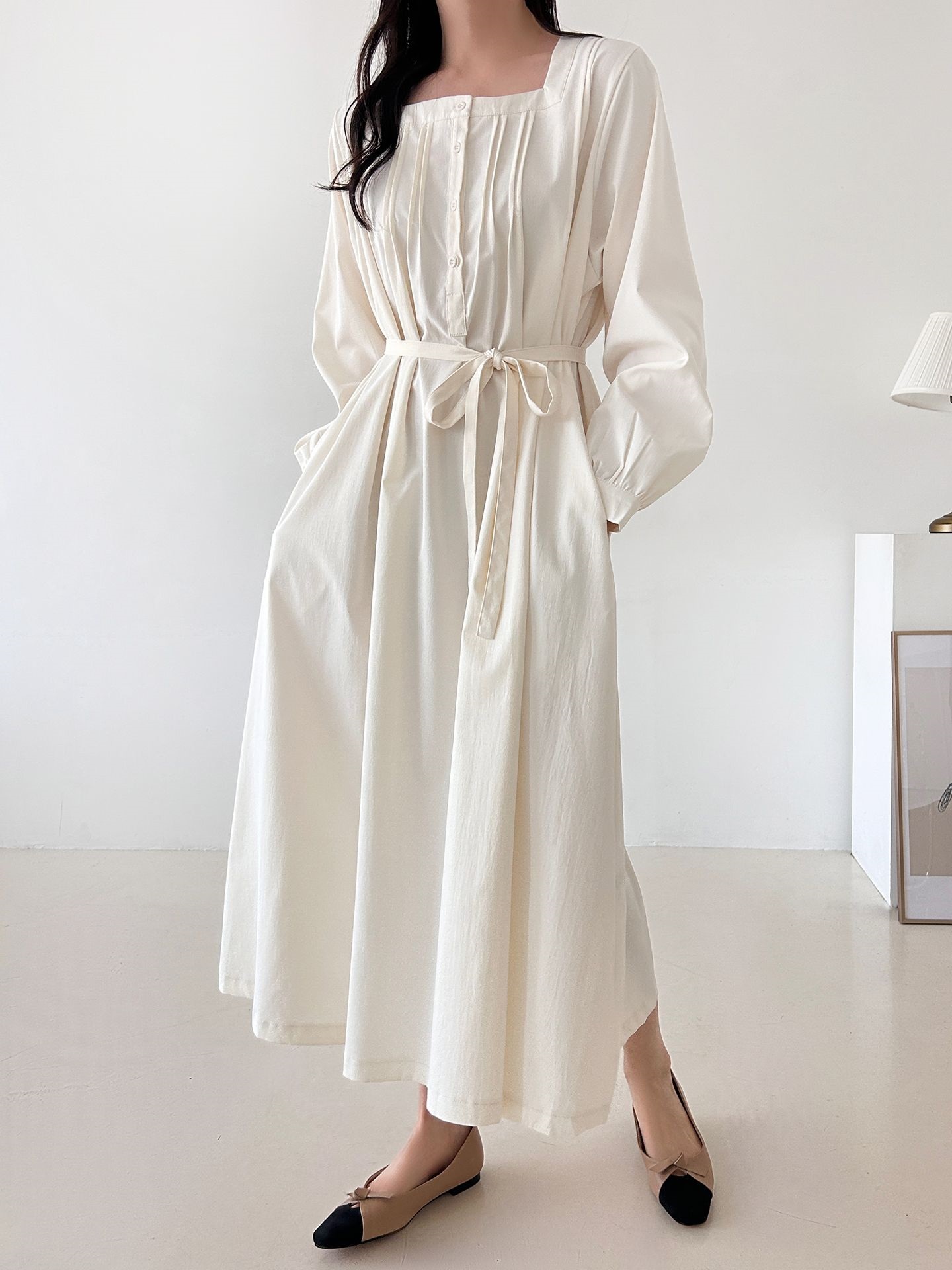 ボタンスクエアネックポケットオーバーサイズロング長袖ワンピースストラップ付 | 詳細画像5