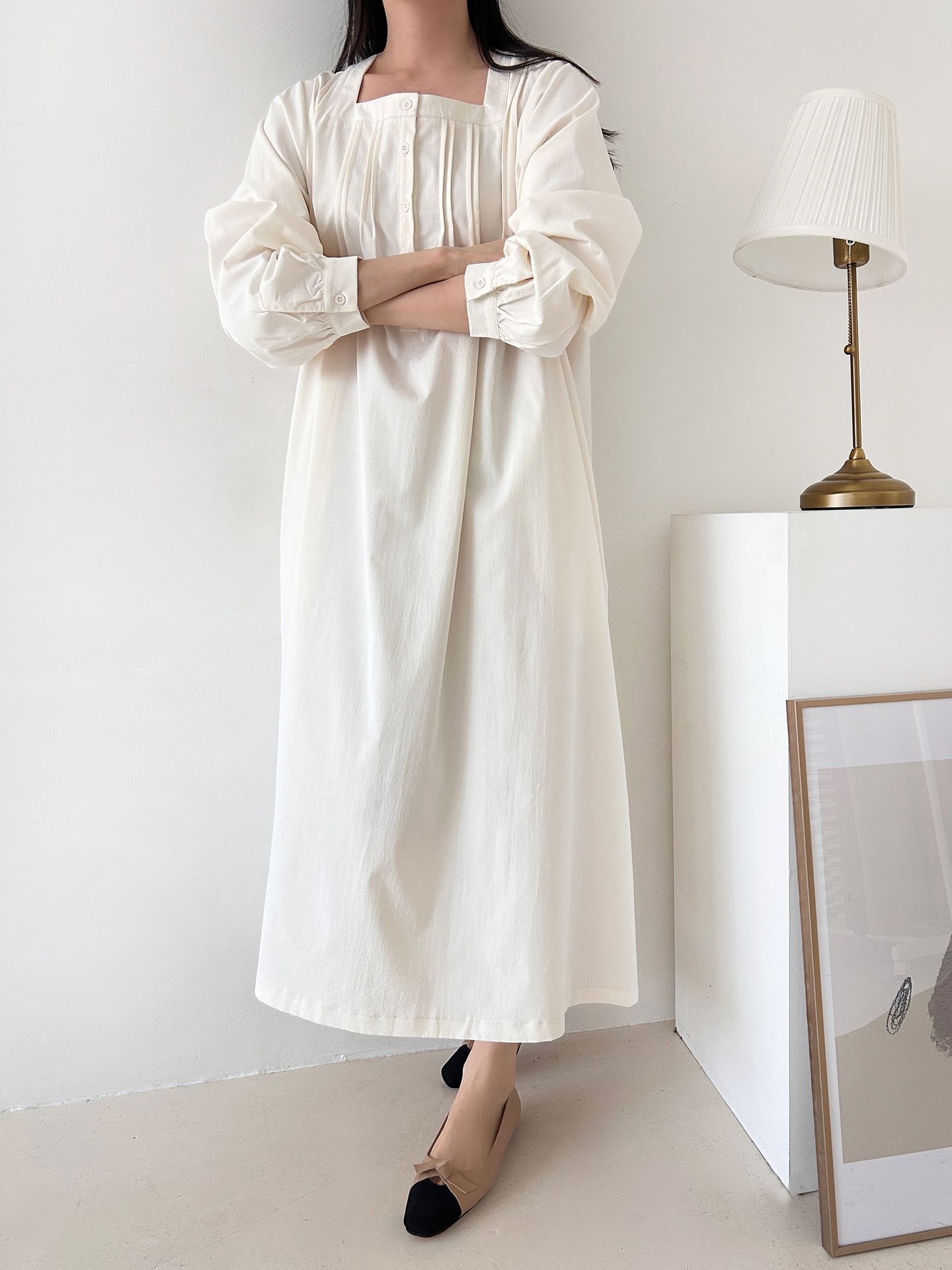 ボタンスクエアネックポケットオーバーサイズロング長袖ワンピースストラップ付 | 詳細画像8