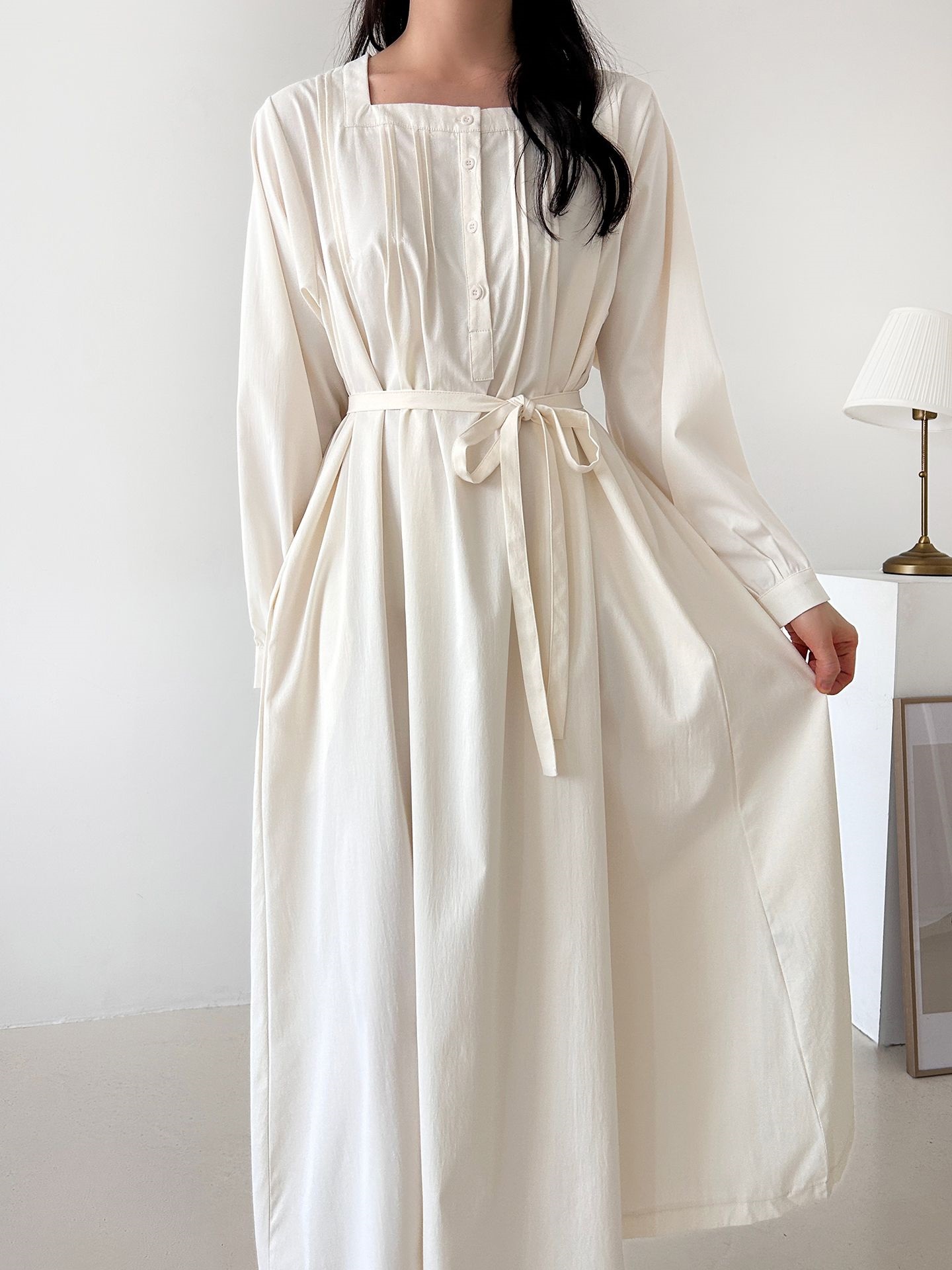 ボタンスクエアネックポケットオーバーサイズロング長袖ワンピースストラップ付 | 詳細画像9