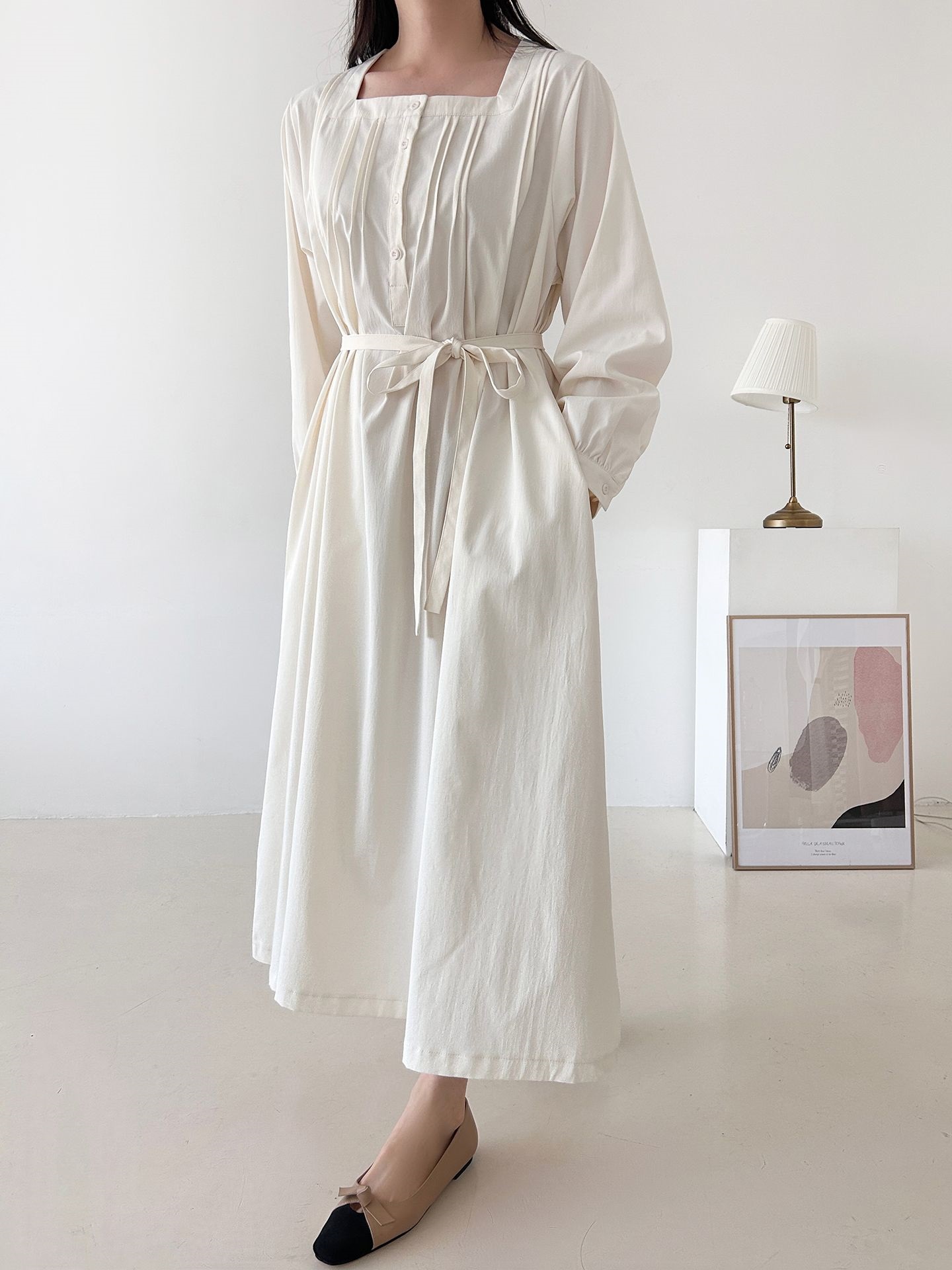 ボタンスクエアネックポケットオーバーサイズロング長袖ワンピースストラップ付 | 詳細画像10