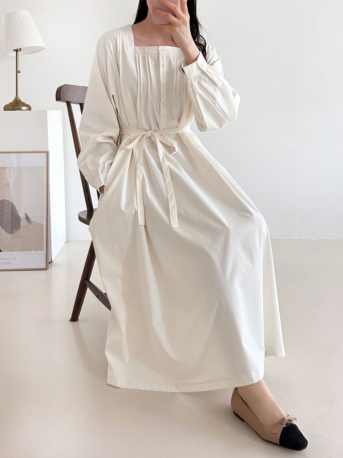 ボタンスクエアネックポケットオーバーサイズロング長袖ワンピースストラップ付 | 詳細画像6